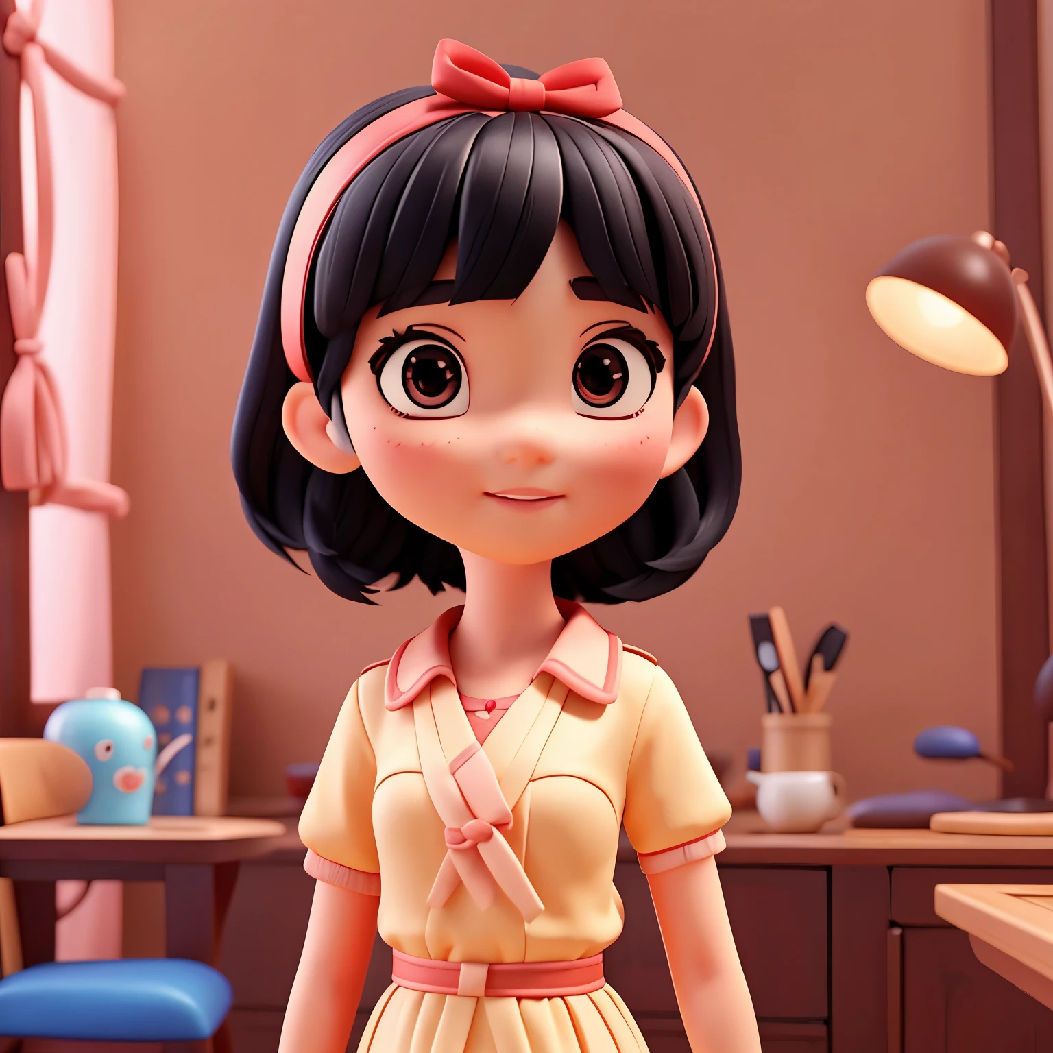 pixar pictures。black hair bob。Bangs tying。Tie your bangs and attach a ribbon。girl。
