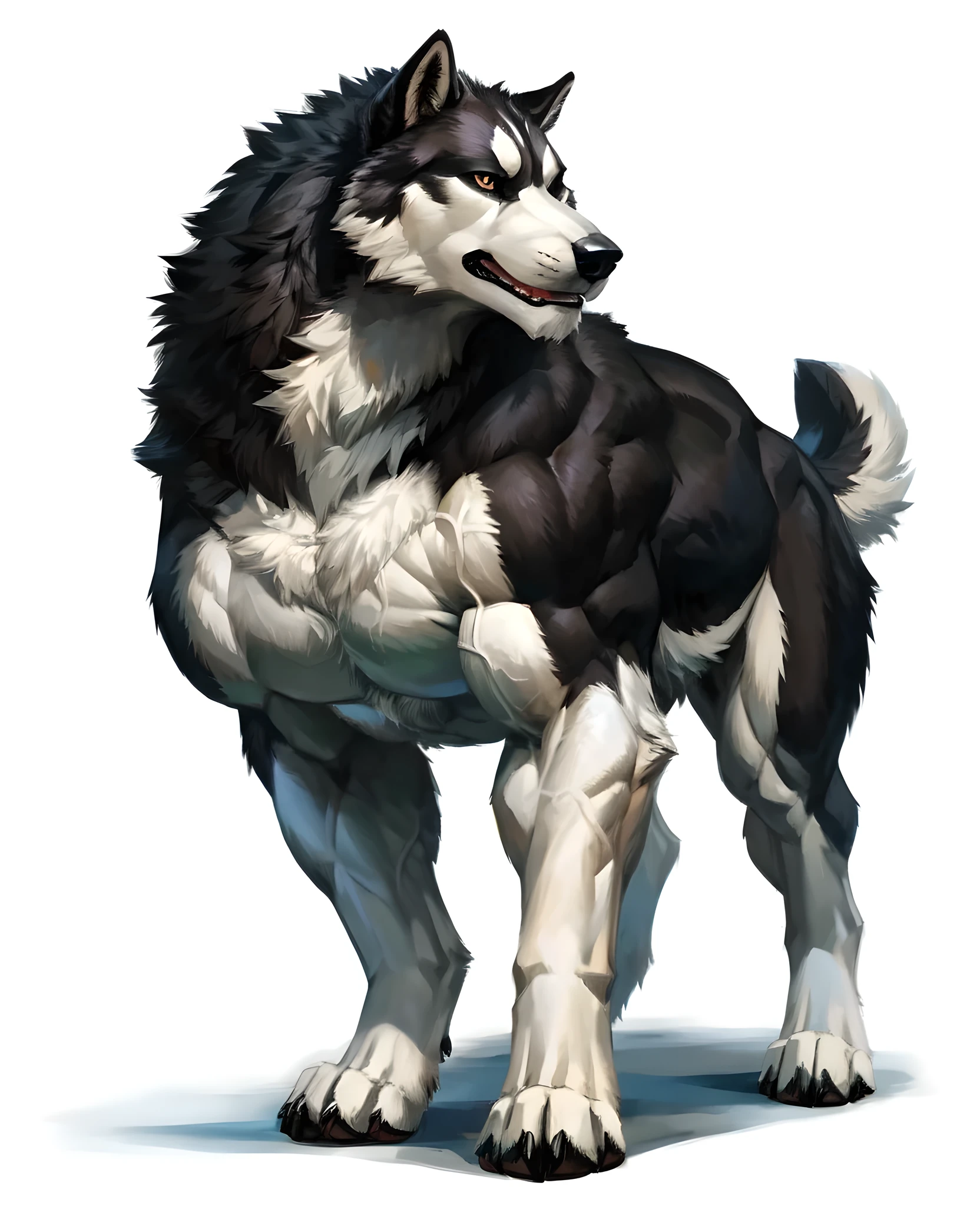 feral alaskan malamute, masculine, male, quadruped, feral, very muscular:2.0, well defined muscles:1.2, pectorals:1.2, abs, very muscular forelegs, very muscular hindlegs, wide chest, muscular chest, by echin, white background, veiny muscles:2.0, black fur, white fur