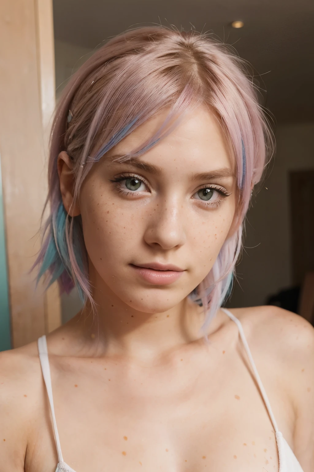 best quality,ultra_detailed, photo of beautiful 23-year-old girl, pastel hair, freckles sexy, beautiful, close up, young, DSLR, 8k, natural skin, textured skin