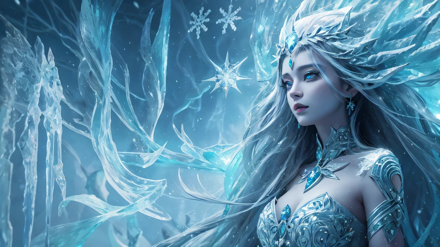 beautiful ice goddess, Ice Witch, pure ice spirit, Intricate design and details, coldly, cold, snowstorm 폭풍, whole body on coldly mist, magic ice spell, Cast Ice Spell, realistic ice effect, snowstorm, ice particles, Dark fantasy art style, A ruined city, anger towards humans, frozen statue, dramatic lighting, cinematic