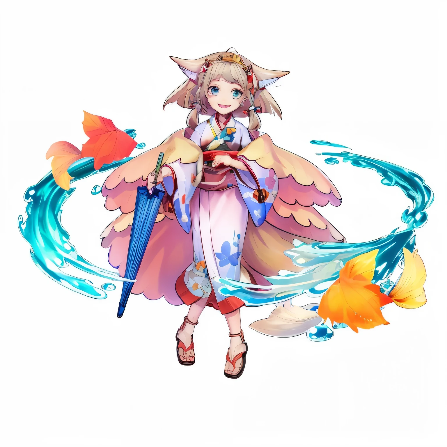A sluggish smile,photograph,8K,highest quality,best details,fox ears,kimono,Zori sandals,eyes are blue,light brown hair,Blue umbrella