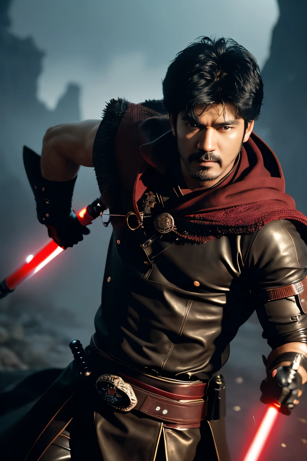 (black and red theme:1.5), (cowboy shot:1.5), (actor vijay, handsome Thai:1.5), (muscular male:1.5), (18 years old), extremely detailed skin, (open clothes:1.4), ABS, (holding weapon:1.5) (light saber:1.4), (leather cloak:1.3), (leather armor:1.2), fingerless gloves,  (battle field background:1.2),  fighting Poses, high design (fashionable) stylish art, extreme detail irises, reflexive eyes retinas, detailed eyebrows, detailed eyelashes,  fashion photo shooting, (multi-layers and multi-textures level:1.1), (perfectly detailed face:1.2), cinematic film still, extremely intricate details, exquisite body parts detailing, extremely detailed environment, maximalism in detail, fire particles, sub surface scattering, (Low Key:1.2), (in the Dark:1.2), (Dark Scene:1.5), Tyndall effect, volumetric light, blending saturation, noise reduction, visual compositional balancing, extremely exquisite detailed, hyper detailed, extremely high resolution, dramatic cinematic light, (ultra-wide angle fantasy world background)