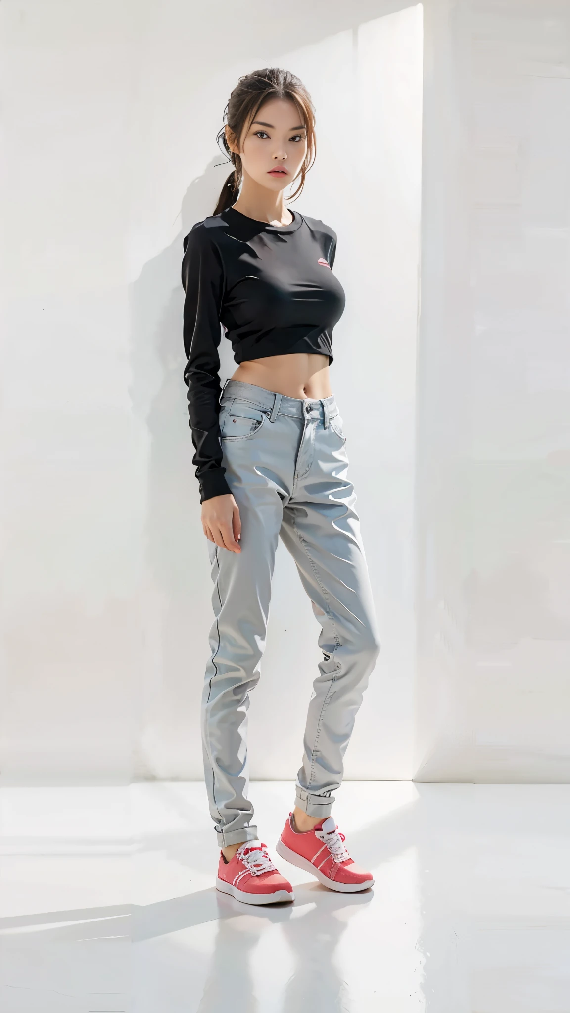 16K, Masterpiece, photorealism, A girl walks to her full height, a girl with dark long hair, a girl dressed in a white top, light jeans, white sneakers, white background,
