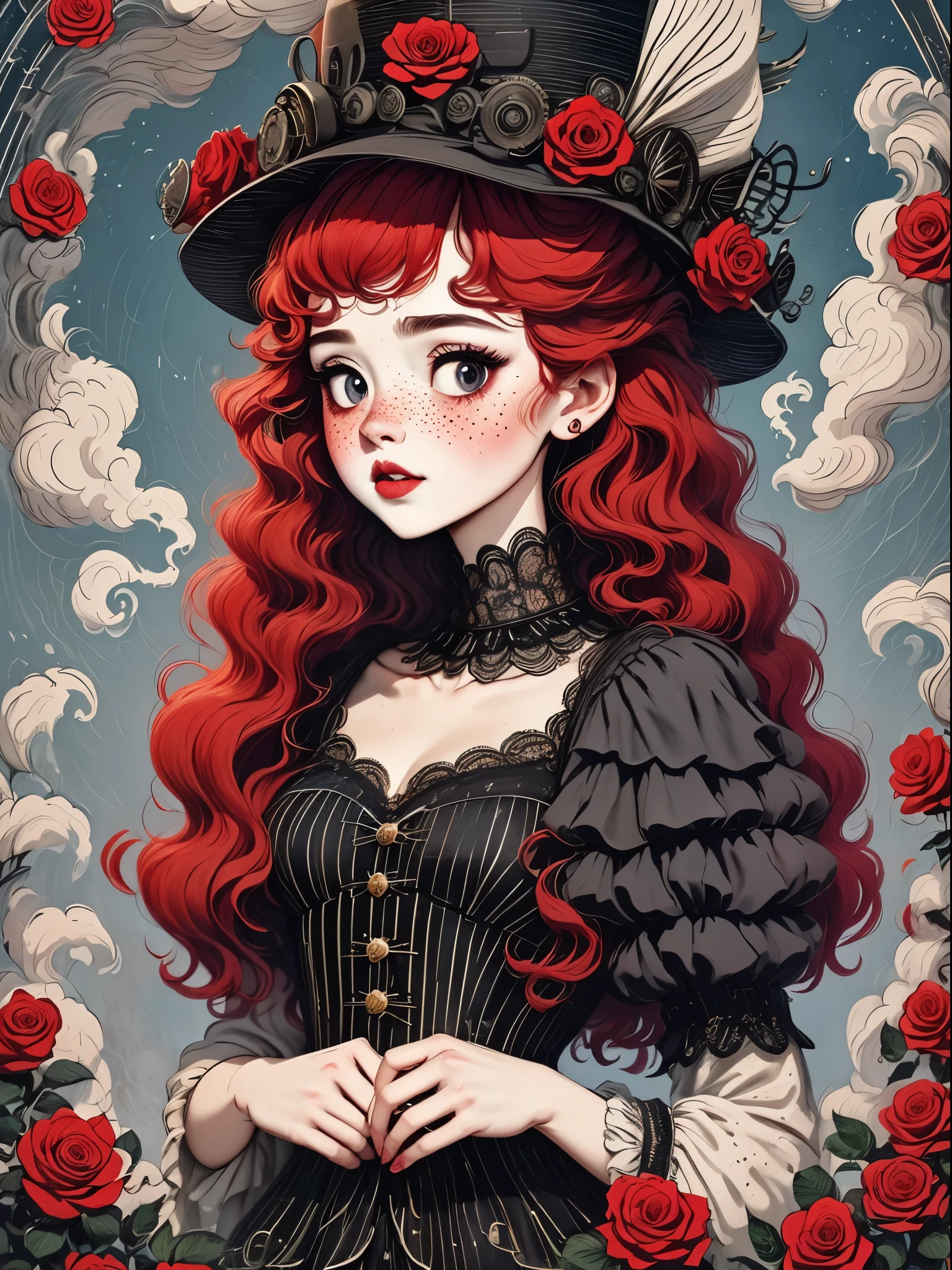 best quality，masterpiece：1.2，detailed details，Ghost doll girl,big eyes，small freckles， Halloween dresses，Red hair，Gothic，蒸汽朋克Gothic维多利亚风格, dark, psychology, Surrealism, sublimation, subconsciousness, mood, enthusiasm, pink、White and red details, Rose background，Green smoke from hair, Blue smoke background, Soft red and blue light,bright，Hand bones
