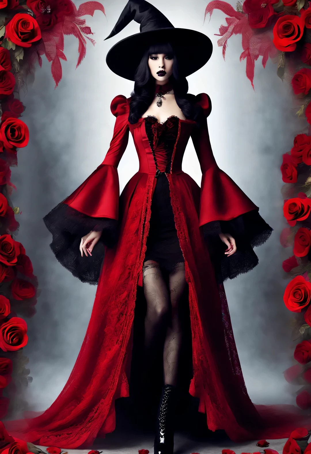 Gothic aesthetic fashion,Gothic clothing was heavily influenced by architecture, Their clothing is mostly characterized by vertical styling lines and pleats,Make the wearer look slim., and increase the height of the human body by raising the hat, Gives people a light and upward feeling。Make the wearer look slim,and increase the height of the human body by raising the hat,Gives people a light and upward feeling。red dress with lots of lace、Roses symbolize romance,grave、vampire、witch,