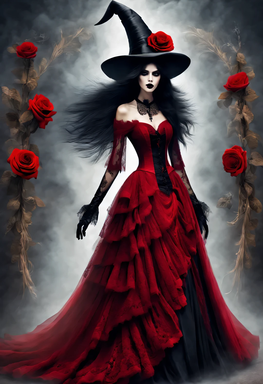 Gothic aesthetic fashion，Gothic clothing was heavily influenced by architecture， Their clothing is mostly characterized by vertical lines and folds..， Make the wearer look slim， And increase the height of the  by raising the hat， Gives people a light and upward feeling。Make the wearer look slim，And increase the height of the  by raising the hat，Gives people a light and upward feeling。red dress with lots of lace、Roses symbolize romance，grave、vampire、witch，