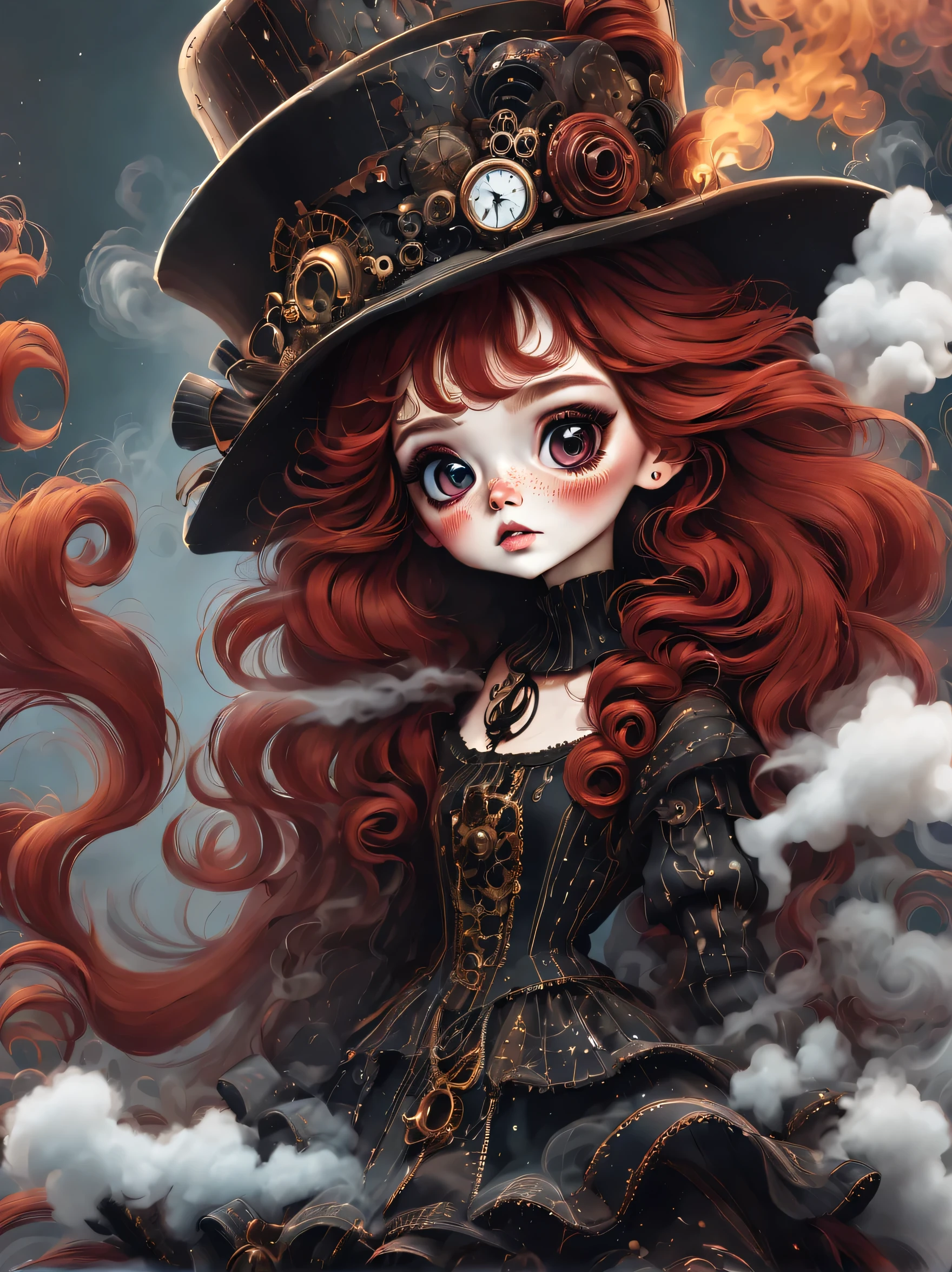 (best quality,masterpiece:1.2,detailed details),(strange doll girl,big eyes,small freckles, Fluffy red hair,have),(dark Gothic,steampunk gothic victorian style), dark, engulfed in smoke