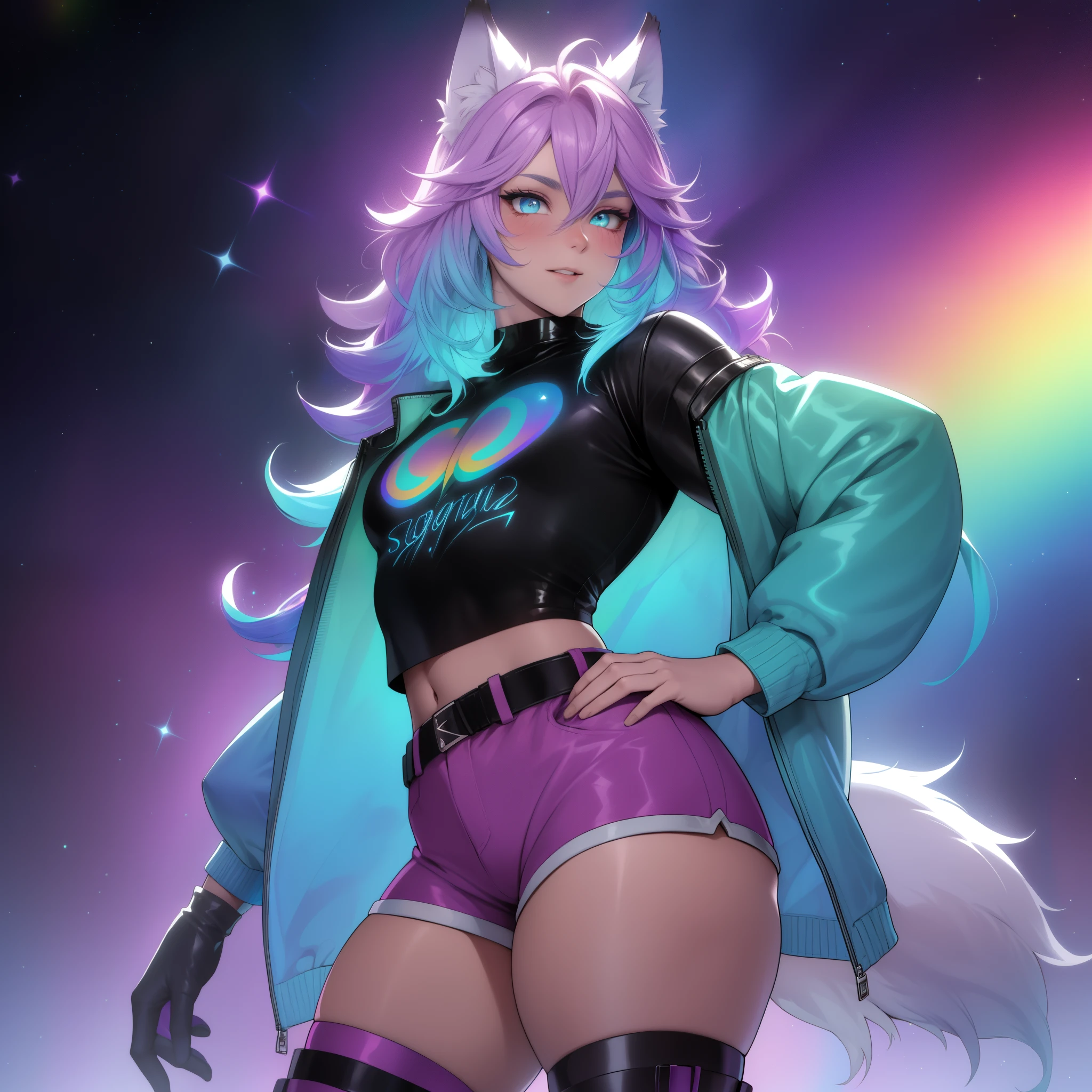 a short, skinny, galactic space young boy wearing a leather rainbow trench coat with a peacock inspired design, glowing blue eyes, wearing cropped t-shirt, flat chested, flat chest (SUPER FLAT CHEST) has wolf ears and a wolf tail, wide hips, pink lips, thick thighs, has long wavy rainbow gradient colored sparkly hair, twink, happy, blushing, flustered, showing thighs, wearing thigh high boots, wearing short shorts, curvy, solo, alone, (SOLO)(ALONE), has long wavy rainbow gradient colored sparkly hair