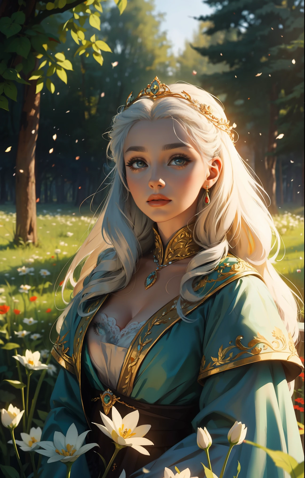 Middle Ages, Polish-Lithuanian Commonwealth, Flowers, Forest, 16th century, a beautiful woman with long white hair, a face similar to Daenerys in the princely attire of the queen