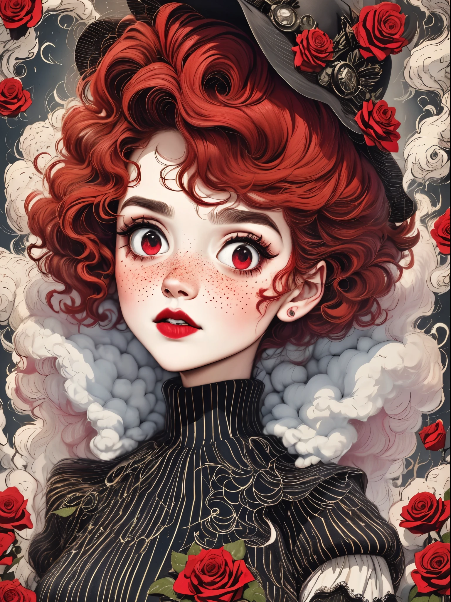 (best quality,masterpiece:1.2,detailed details,4k),(girl, Red hair,big eyes,small freckles,hat),(roses,Gothic),(vaporwave,transpiration,gas,steampunk gothic victorian style), red,black,blue, Rose background, blue烟雾背景,Smoke lines,Devour