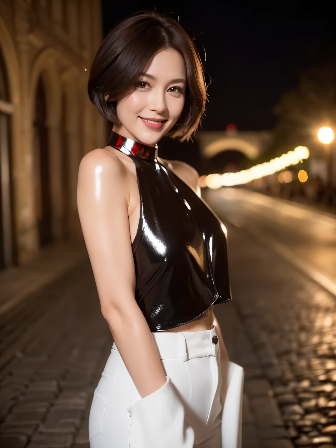 (38 years old), (black wool jacket),(white wool pants)、(white ruffle blouse), double eyelid, eyelash, Red lip gloss, (smile)、 (looking at the viewer、Are standing), (From above:0.2)、尖ったred mouth、(black wet shiny short hair),red mouth,clavicle、 (Photoreal:1.3),(RAW photo),(Cologne, Germany, woman standing in front of old city walls, cobblestone streets, high ramparts, and city gates visible, lit by the evening sun,) , 8k, super detail, best quality, textured skin, anatomically correct, masterpiece , top quality, cinematic lighting, Use perspective throughout , surrealism , ,(photorealistic:1. 3),(RAW photo) , black hair, light smile, short hair, bob cut, anaglyph, stereogram, (MILF:1), (38 years old), ((Close:0.5)), glare, double eyelids, lip gloss, (smile:1), ((eyes closed:0.85)), red mouth, collar bone, ((looking at viewer)), (short auburn hair wet and shiny), (full body in view) , Slightly thicker body shape , wide-eyed eyes , perfectly round eyes , fine texture
