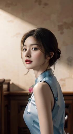 original，masterpiece，Super detailed photos，best quality，ultra high resolution，photo reality，Sunlight，full body portrait，stunningly beautiful，，dynamic poses，delicate face，vibrant eyes，（View from the side），((Beautifully_blue_On the cheongsam))，On the cheongsam，Off the shoulders，Beautifully head flower，Sitting on leather sofa，Very detailed background，Detailed faces，Detailed and complex busy background，untidy，abundant cleavage，Milky white W，highly refined skin，Authentic skin details，Visible pores，lock focus，volumetric fog，8K Ultra HD，digital SLR camera，high quality，film grain，White skin，photorealism，DL，A metropolis in a future dystopia , looking from bottom to top, translucent