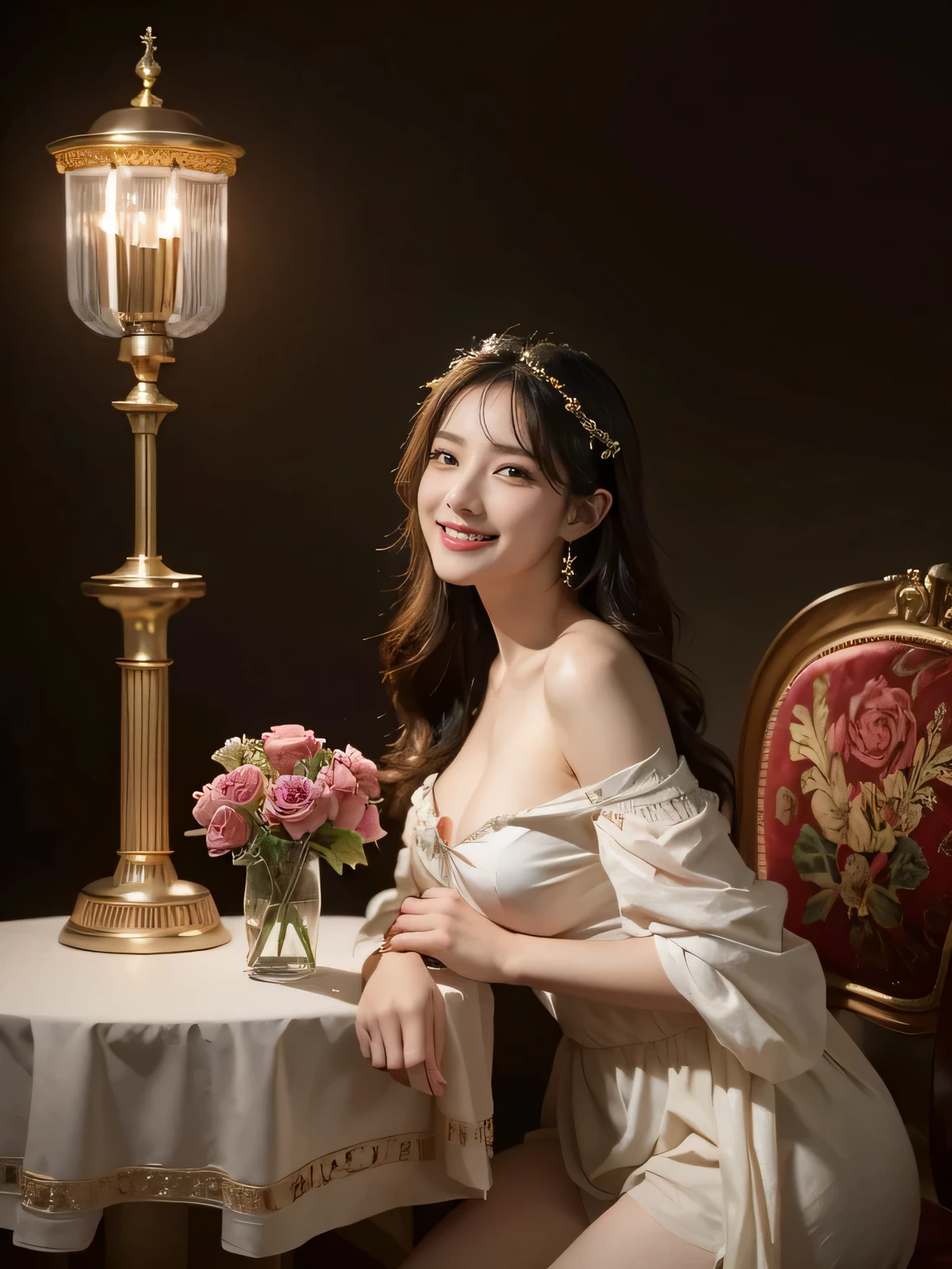 Jacques-Louis David painting style,Arguments of two female Philosophe,math、astronomical machine、astronaut、roses in vase、fruits、Cute trinkets、smile、ancient greek costume、Background is a forest lake at night 、Clothes that stretch your shoulders、A big smile、beautiful bare skin、A detailed representation of the seducing woman throughout her body.