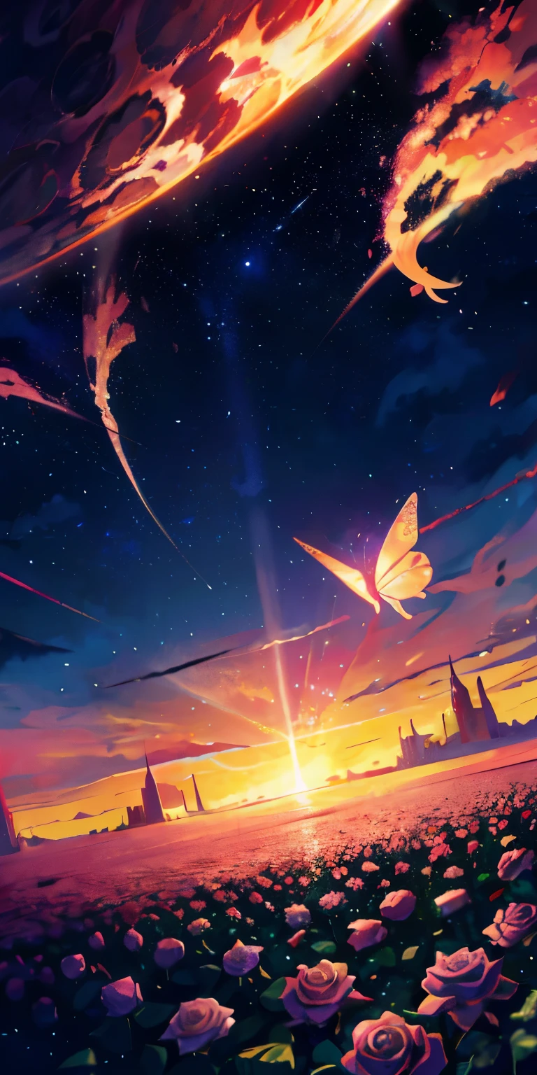 There are many giant star planets in the huge starry sky, and underground is a large white rose garden with that kind of broken butterfly on the roses. Author:Xin Haicheng, Anime Art Wallpaper 4k, anime art wallpaper 4k, anime art wallpaper 8k, anime wallpaper 4k, anime wallpaper 4k, 4k anime wallpaper, anime sky, amazing wallpapers, anime background, Paradise planet in the background, anime background art