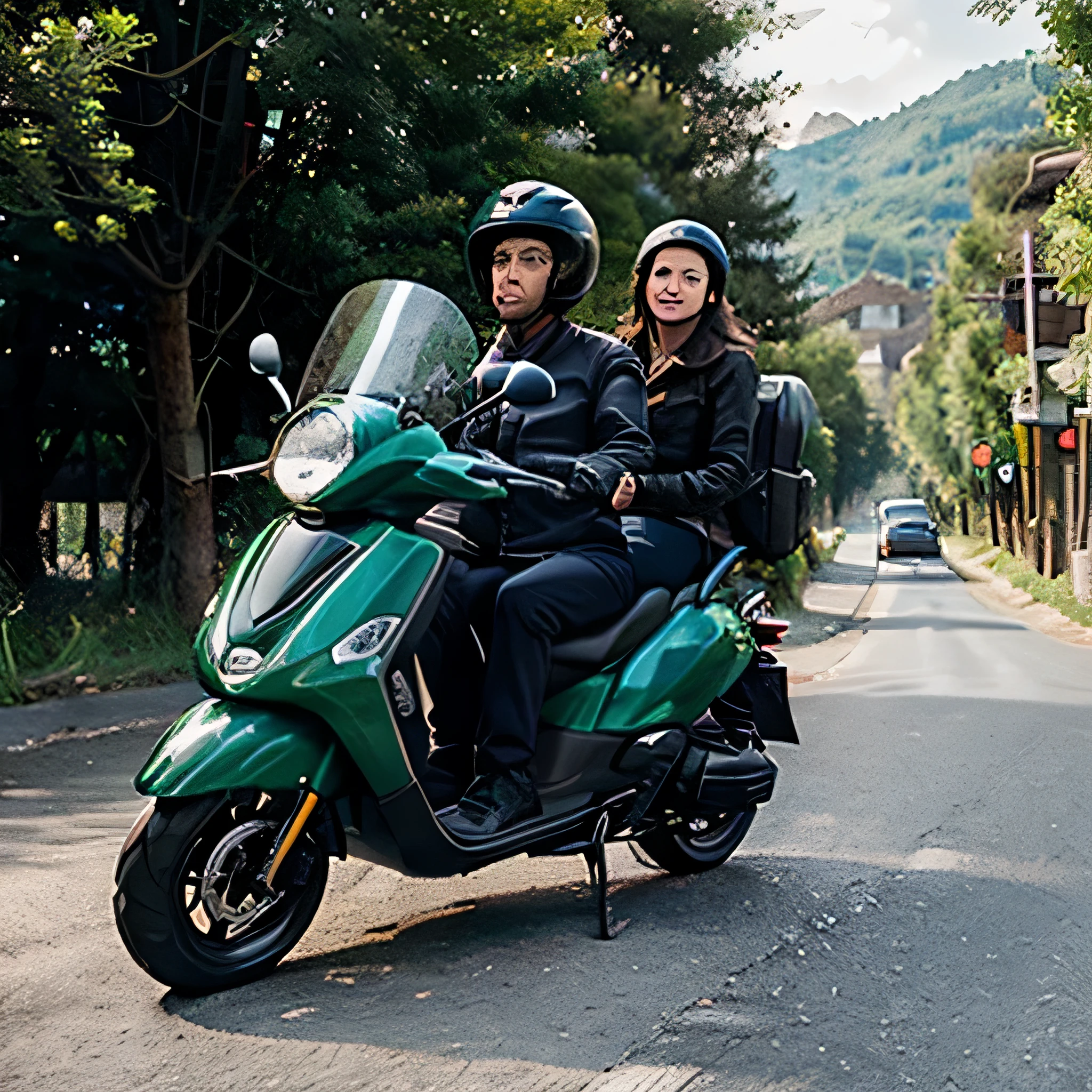 Image of a man and a woman riding a scooter on a road in a village.The man is wearing a navy blue jacket and dark trousers.The woman is wearing green clothing.The scooter is blue and has a vehicle plate with the words "B 2996 MY" on it.The background is a street in a village with green trees, mountains, and waterfalls.]
