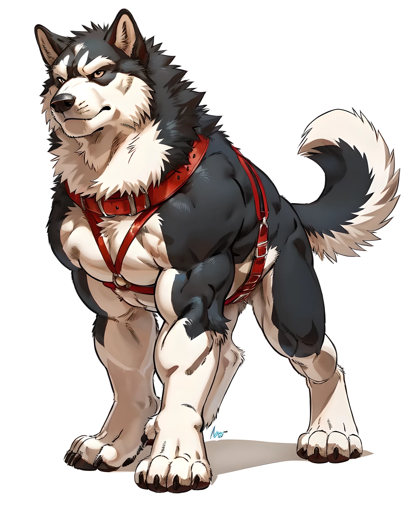 feral alaskan malamute, masculine, male, quadruped, feral, very muscular:1.5, well defined muscles:1.2, pectorals:1.5, very muscular forelegs, very muscular hindlegs, wide chest, muscular chest, by rossciaco, by negger, white background, veins:2.0, veiny muscles:2.0, black fur, white fur, wearing big collar, sled dog harness, stern face