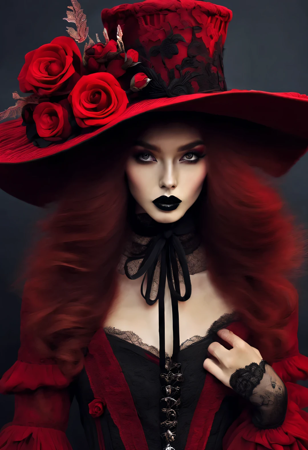 Gothic aesthetic fashion close-up，Gothic clothing was heavily influenced by architecture， Their clothing is mostly characterized by vertical styling lines and pleats，Make the wearer look slim.， and increase the height of the human body by raising the hat， Gives people a light and upward feeling。Make the wearer look slim，and increase the height of the human body by raising the hat，Gives people a light and upward feeling。red dress with lots of lace、Roses symbolize romance，grave、vampire、witch，