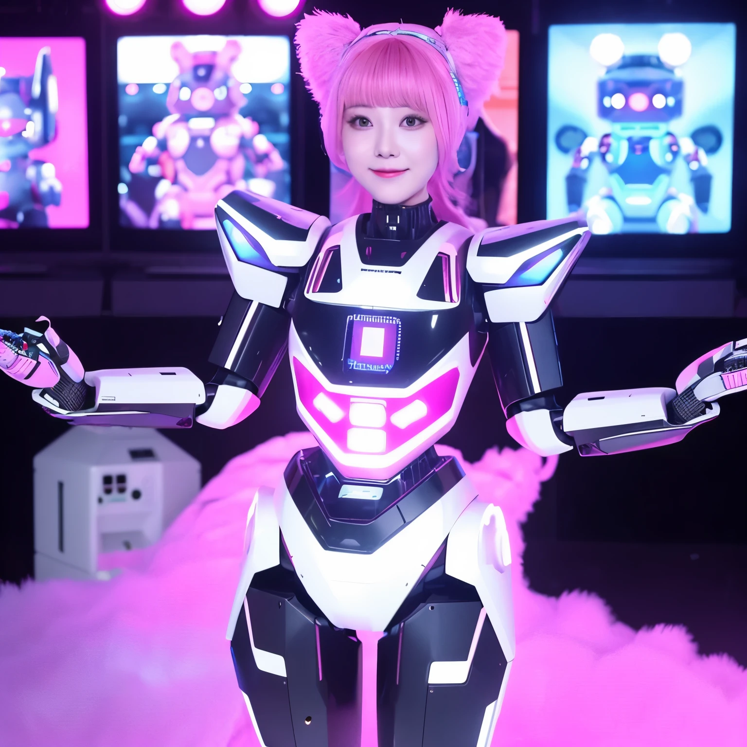 A make-up robot, it has a friendly appearance, is cute in color, and is the size of a fluffy human.It can scan other people with its eyes.It has a transparent stomach and can hold all the makeup tools.It also has arms, and it has a pinkish color.