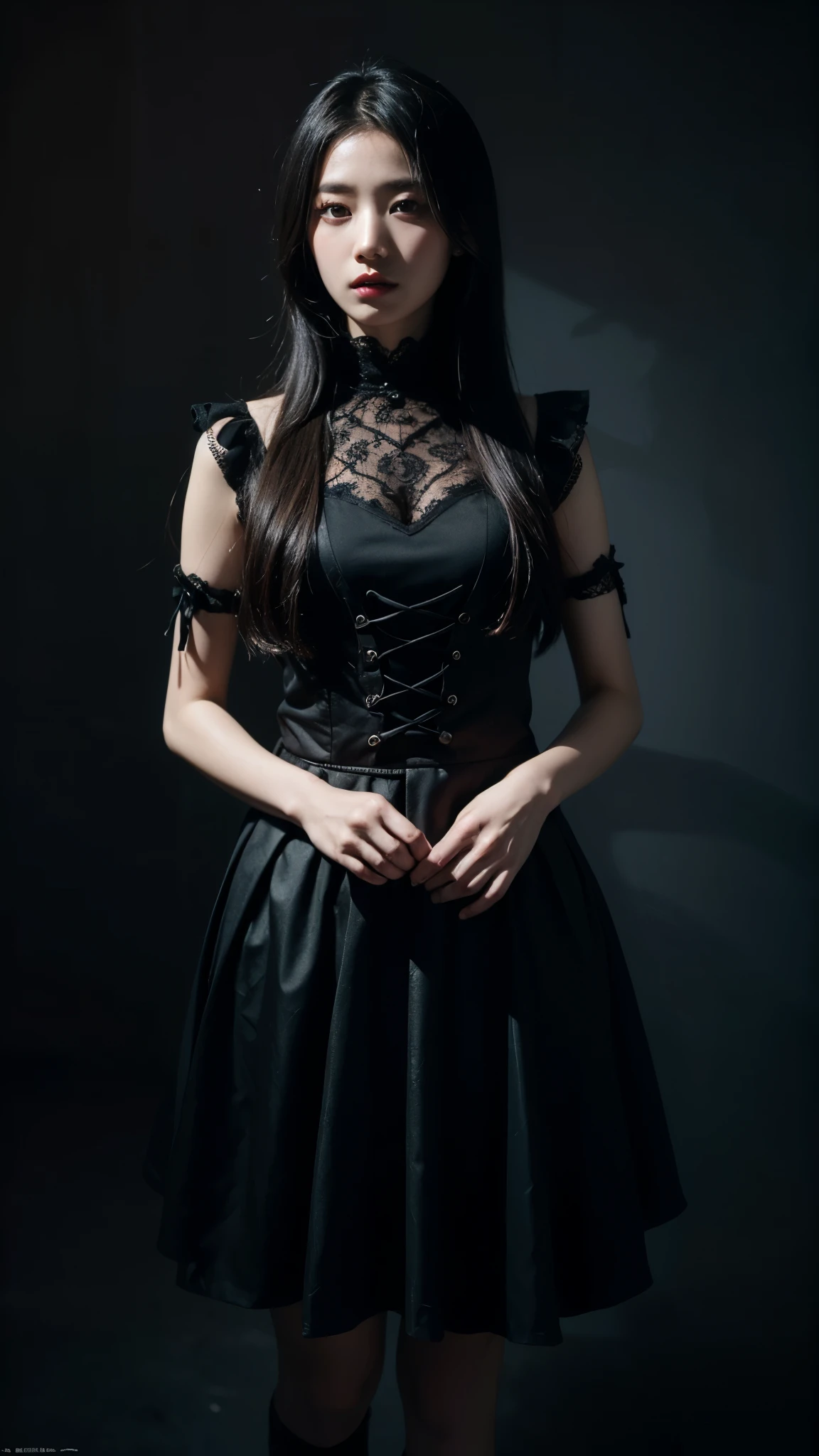 (1 girl:1.1), solo, gothic aesthetic, official art, 8k wallpaper, ultra-detailed, beautiful and eerie, masterpiece, best quality, RAW, gothic, dark, super fine photo, best quality, high resolution, photorealistic, dimly lit, full body portrait, striking, detailed face, haunting eyes, a Japanese woman wearing a goth maid costume with long, flowing black skirt and lace details, intricately designed accessories, antique background, abundant shadows, cold color palette, realistic fabric texture, sharp focus, atmospheric fog, ultra-HD. A solitary girl embodies the gothic aesthetic in maid uniform