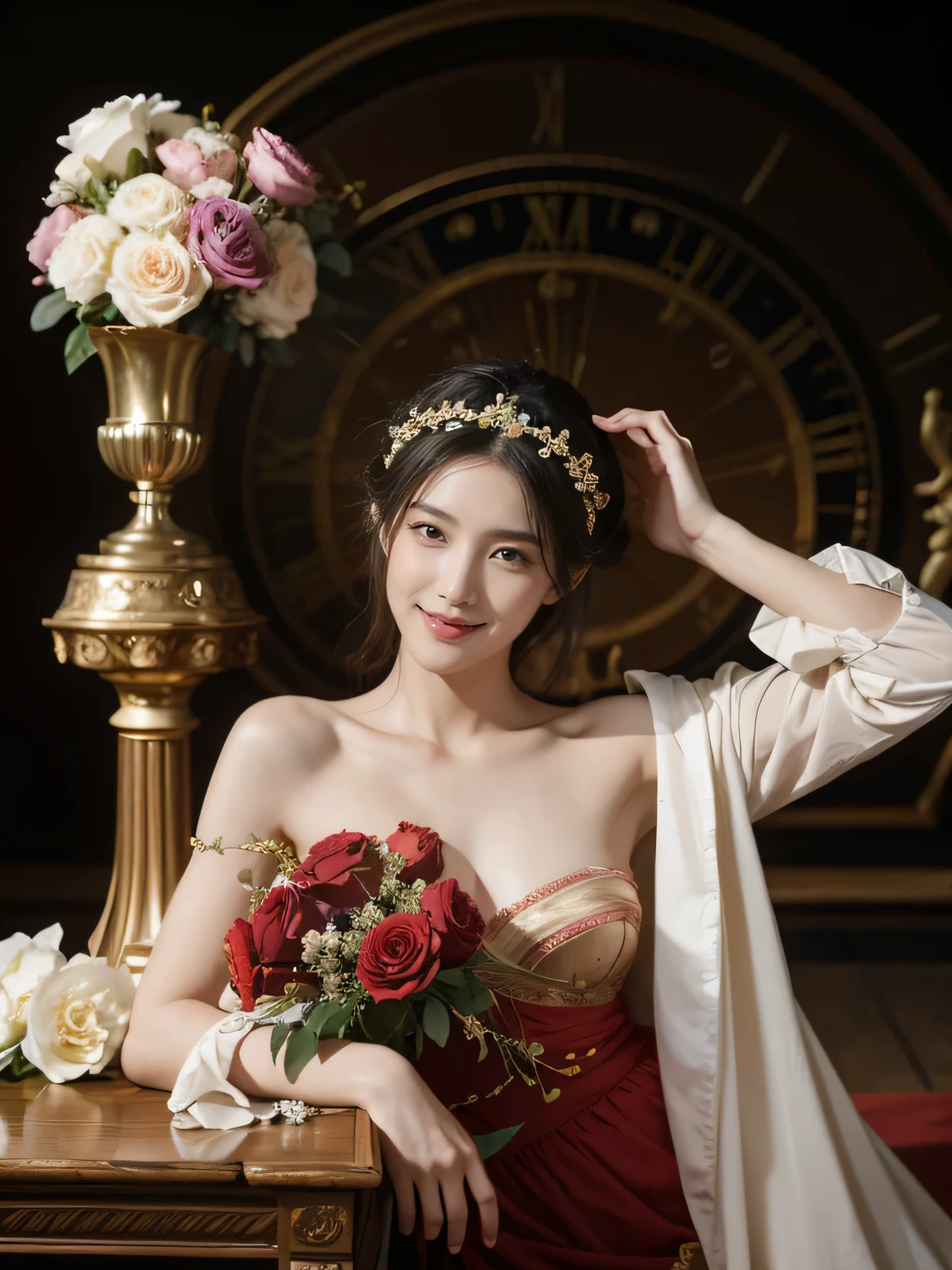 Jacques-Louis David painting style,Arguments of two female Philosophe,math、astronomical machine、astronaut、roses in vase、fruits、Cute trinkets、smile、ancient greek costume、Background is a forest lake at night 、Clothes that stretch your shoulders、A big smile、beautiful bare skin、A detailed representation of the seducing woman throughout her body.