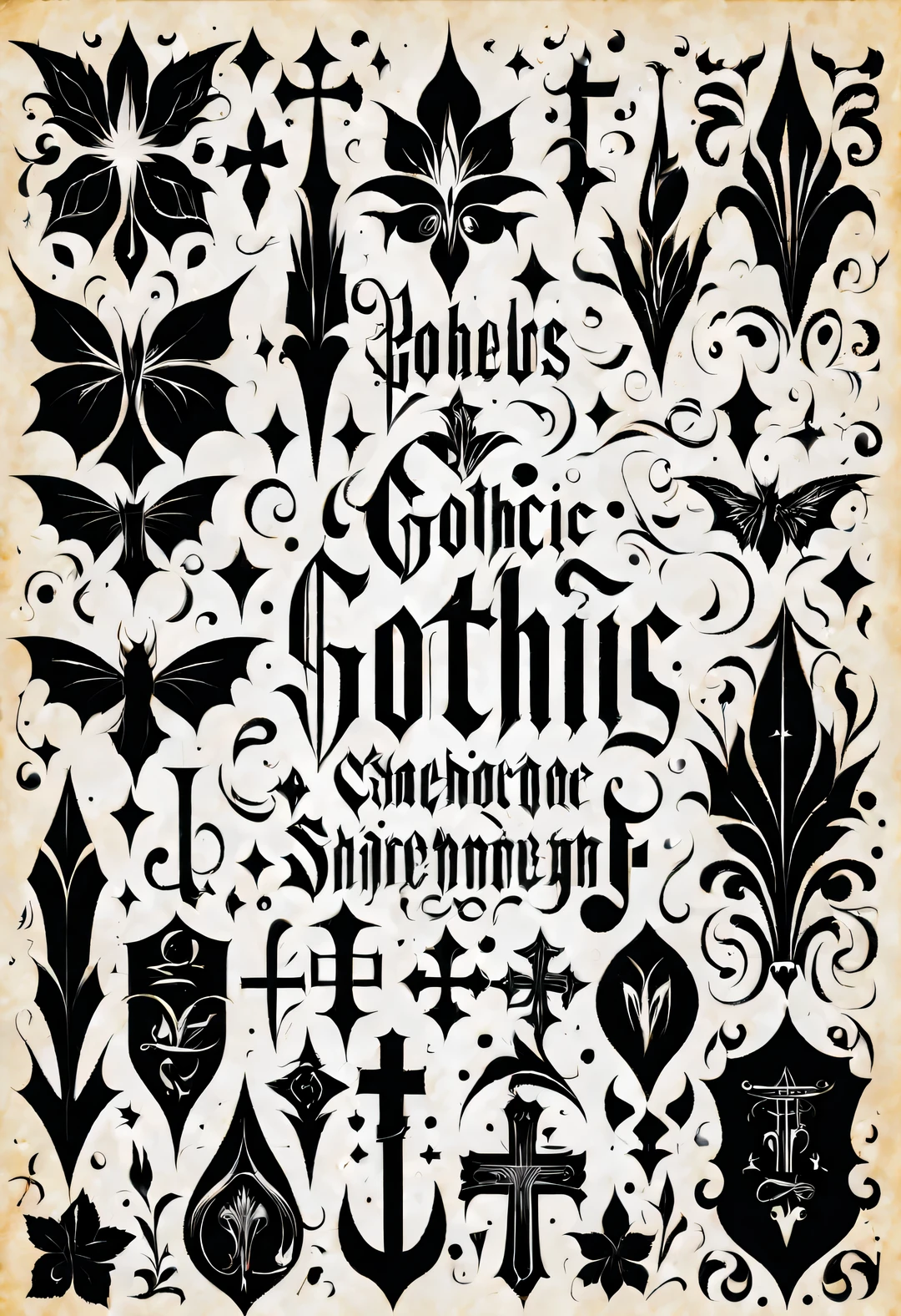 Various gothic fonts，Its main feature is that it is light and thin、thin and long、Strange、retro、Gorgeous，It's a bit dark、Divine color，black and white，Commonly used for copying、Ancient book covers and tattoos，Complement other gothic art forms