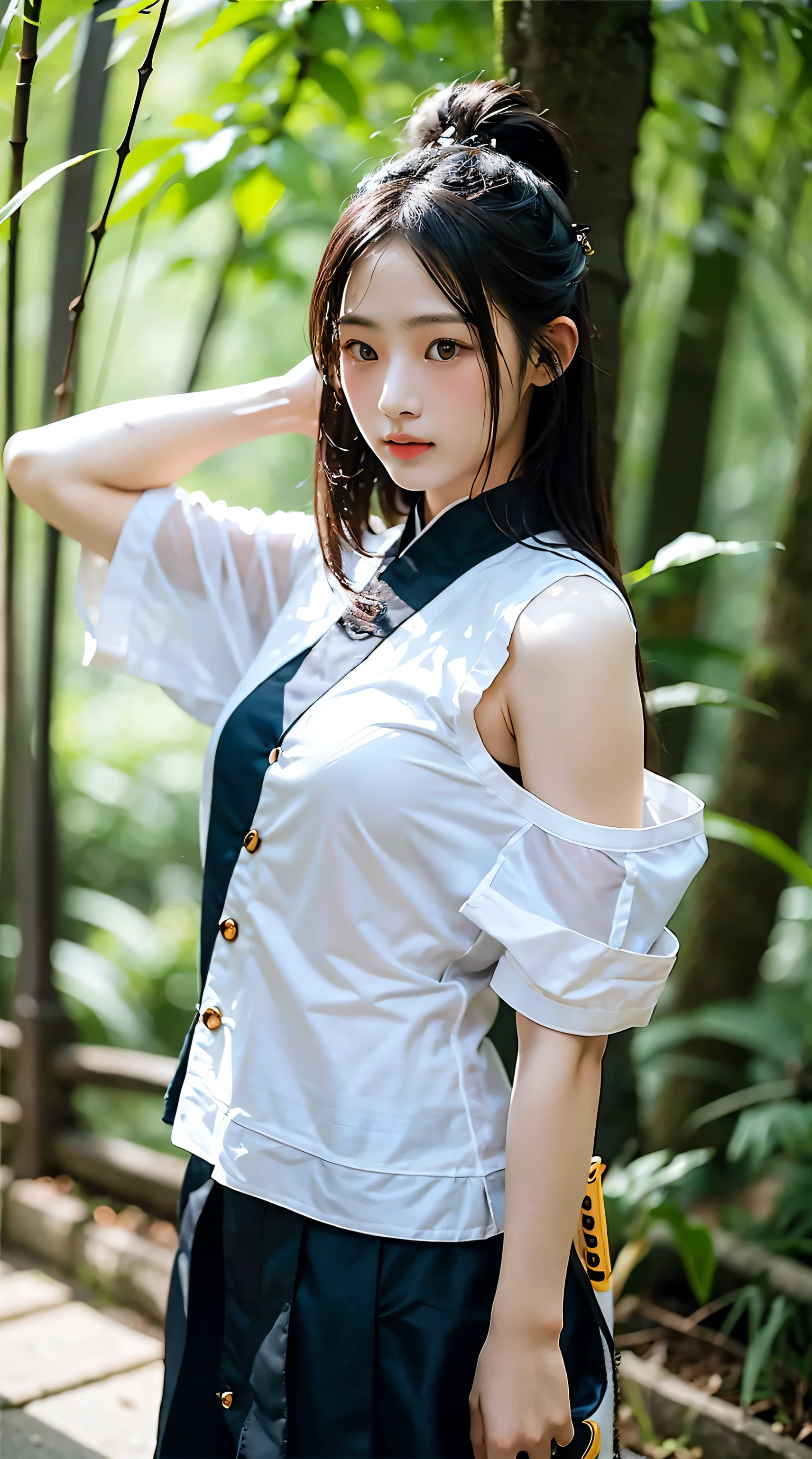 Original photo of a female samurai, Stand in a fighting stance, In his hand is a sword drawn from its scabbard, preparing to fight, Wear a full samurai costume (komono) (Wind in the bamboo forest), (The wind lifts the leaves), Wounds on the shoulders ( High skin detail: 1.2), 8K UHD, SLR camera, Soft lighting, High quality, filmgrain, Fujifilm XT3