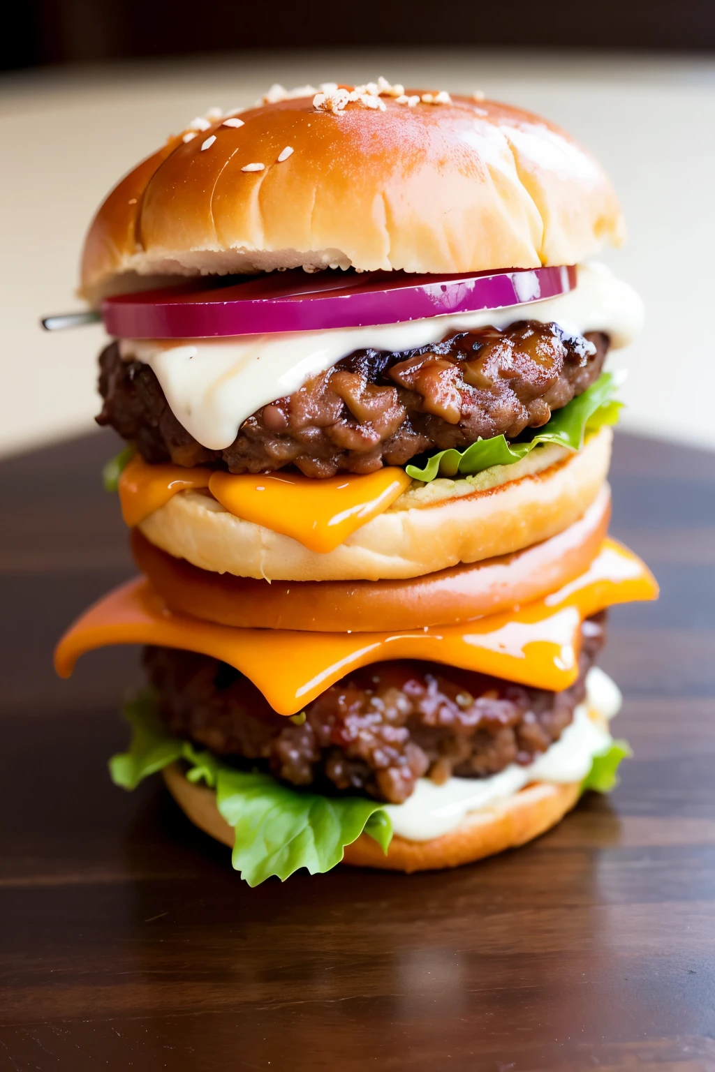 A mouthwatering image of a cheesy burger with a vibrant orange hue that exudes deliciousness. The burger is perfectly assembled, with a juicy beef patty topped with melted cheese, fresh lettuce, ripe tomatoes, and tangy pickles. The bun is lightly toasted, adding a delightful crunch to each bite. The colors are vivid and inviting, making it hard to resist the temptation to take a big, satisfying bite. The level of detail and realism in this image is truly exceptional, capturing the succulent textures and vibrant colors of the ingredients. It is a masterpiece in its own right, showcasing the finest quality and ultra-high resolution. The sheer artistry and intricacy of this image make it a treat for the eyes, leaving viewers in awe