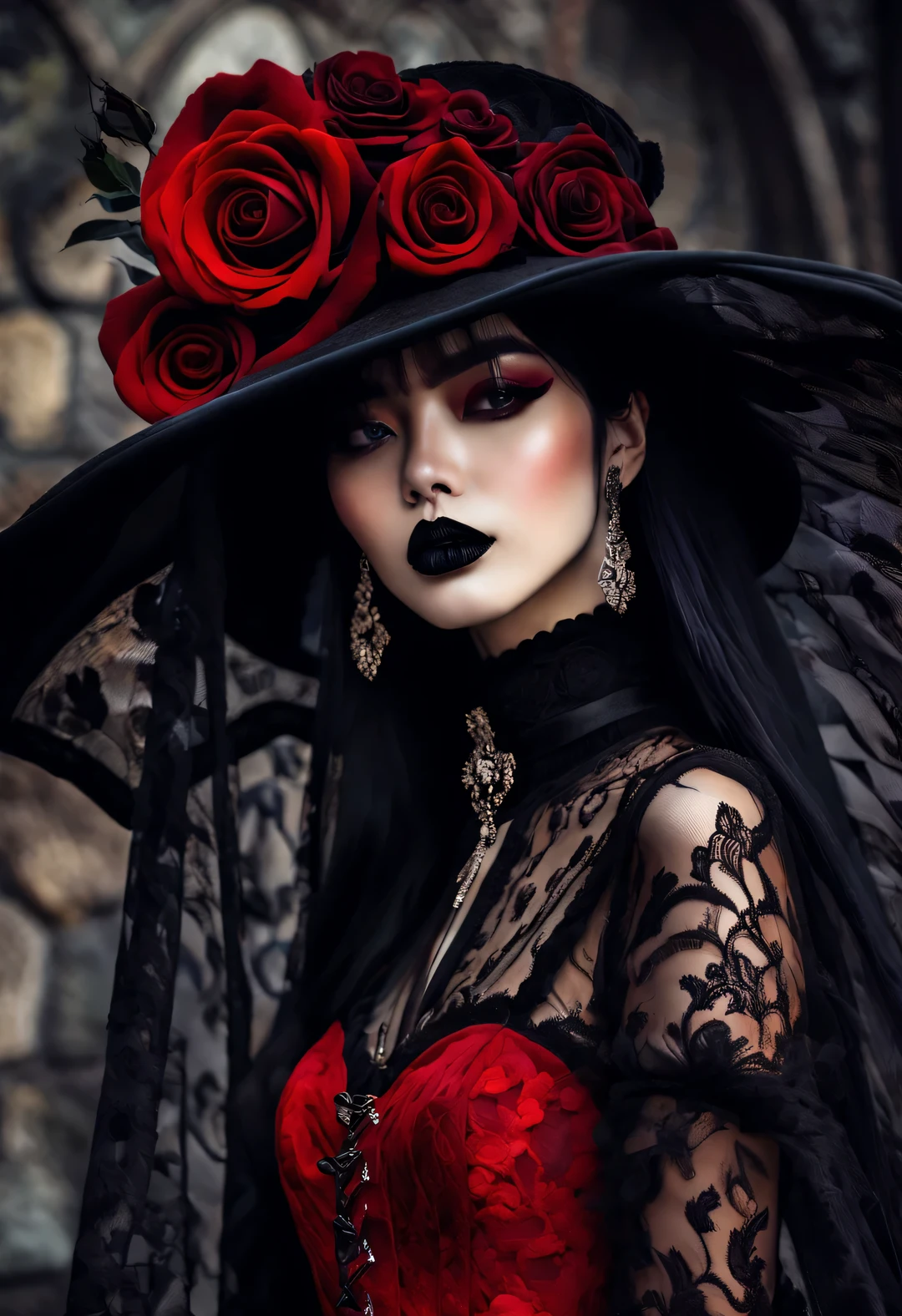 Gothic aesthetic fashion close-up，Gothic clothing was heavily influenced by architecture， Their clothing is mostly characterized by vertical styling lines and pleats，Make the wearer look slim.， and increase the height of the human body by raising the hat， Gives people a light and upward feeling。Make the wearer look slim，and increase the height of the human body by raising the hat，Gives people a light and upward feeling。red dress with lots of lace、Roses symbolize romance，grave、vampire、witch，