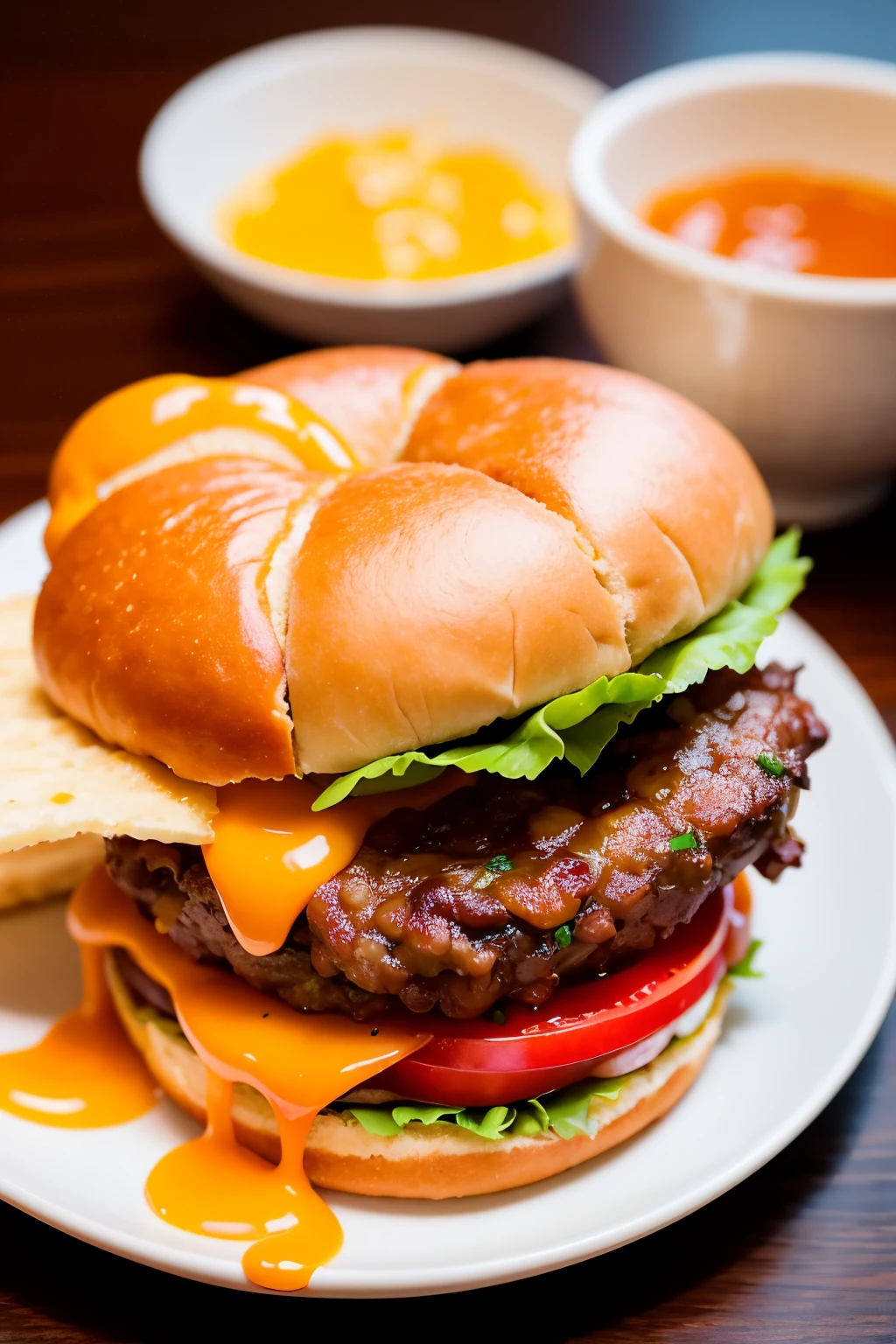 A mouthwatering image of a cheesy burger with a vibrant orange hue that exudes deliciousness. The burger is perfectly assembled, with a juicy beef patty topped with melted cheese, fresh lettuce, ripe tomatoes, and tangy pickles. The bun is lightly toasted, adding a delightful crunch to each bite. The colors are vivid and inviting, making it hard to resist the temptation to take a big, satisfying bite. The level of detail and realism in this image is truly exceptional, capturing the succulent textures and vibrant colors of the ingredients. It is a masterpiece in its own right, showcasing the finest quality and ultra-high resolution. The sheer artistry and intricacy of this image make it a treat for the eyes, leaving viewers in awe