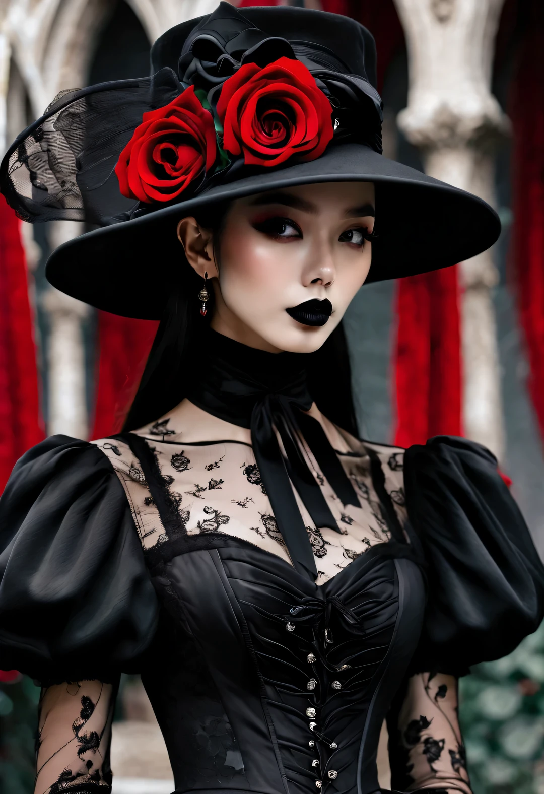 Gothic aesthetic fashion close-up，Gothic clothing was heavily influenced by architecture， Their clothing is mostly characterized by vertical styling lines and pleats，Make the wearer look slim.， and increase the height of the human body by raising the hat， Gives people a light and upward feeling。Make the wearer look slim，and increase the height of the human body by raising the hat，Gives people a light and upward feeling。red dress with lots of lace、Roses symbolize romance，grave、vampire、witch，