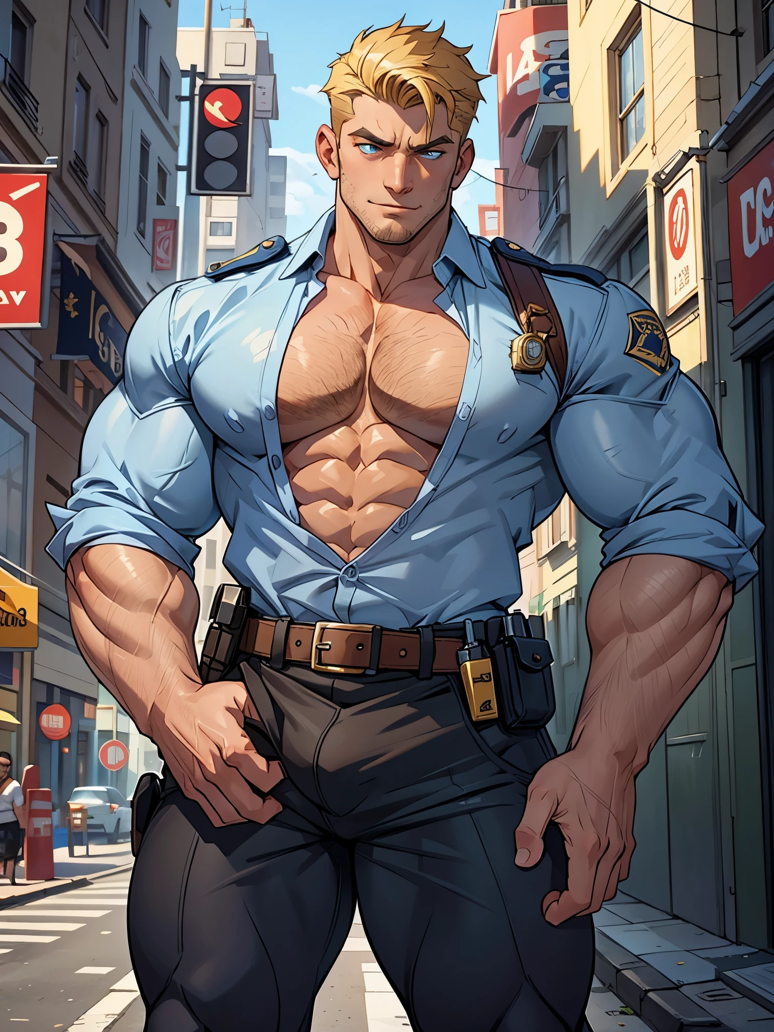 bara, very handsome European man, strong and manly, dark blonde hair, determined face, (wearing very detailed police uniform), open shirt, in a crowded city, handgun holster, (from below:0.9), (smirk:0.7), best quality, masterpiece, extremely detailed, intricate details, detailed background, male focus, (muscular), (large pectorals), (puffy nipples), dynamic pose, dynamic angle