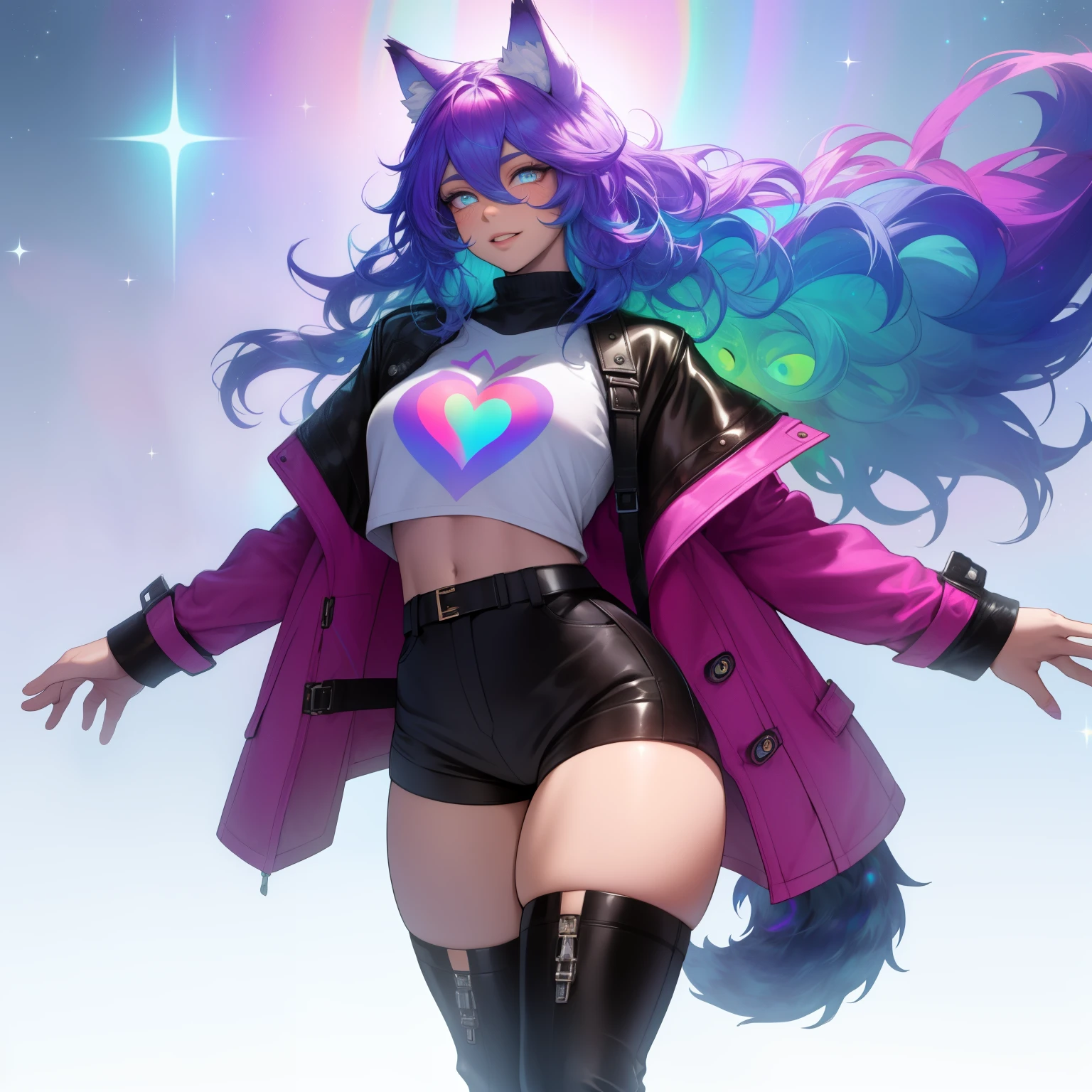a short, skinny, galactic space young boy wearing a leather rainbow trench coat with a peacock inspired design, glowing blue eyes, wearing cropped t-shirt, flat chested, flat chest (SUPER FLAT CHEST) has wolf ears and a wolf tail, wide hips, pink lips, thick thighs, has long wavy rainbow gradient colored sparkly hair, twink, happy, blushing, flustered, showing thighs, wearing thigh high boots, wearing short shorts, curvy, solo, alone, (SOLO)(ALONE), has long wavy rainbow gradient colored sparkly hair, floating hearts, peacock feathers