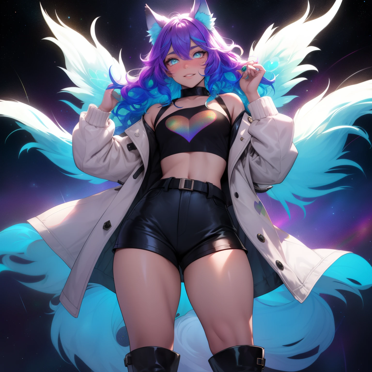 a short, skinny, galactic space young boy wearing a leather rainbow trench coat with a peacock inspired design, glowing blue eyes, wearing cropped t-shirt, flat chested, flat chest (SUPER FLAT CHEST) has wolf ears and a wolf tail, wide hips, pink lips, thick thighs, has long wavy rainbow gradient colored sparkly hair, twink, happy, blushing, flustered, showing thighs, wearing thigh high boots, wearing short shorts, curvy, solo, alone, (SOLO)(ALONE), has long wavy rainbow gradient colored sparkly hair, floating hearts, peacock feathers