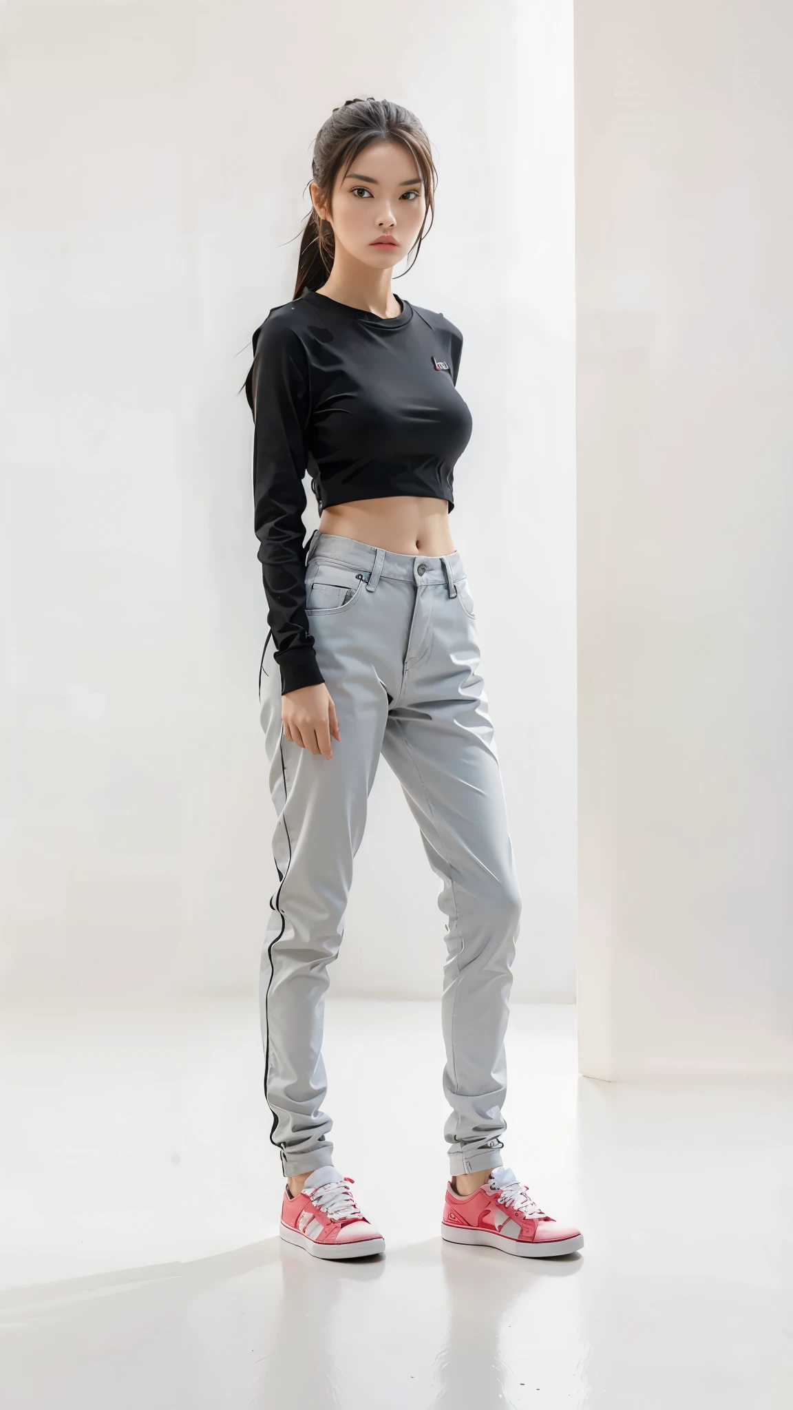 16K, Masterpiece, photorealism, A girl walks to her full height, a girl with dark long hair, a girl dressed in a white top, light jeans, white sneakers, white background,