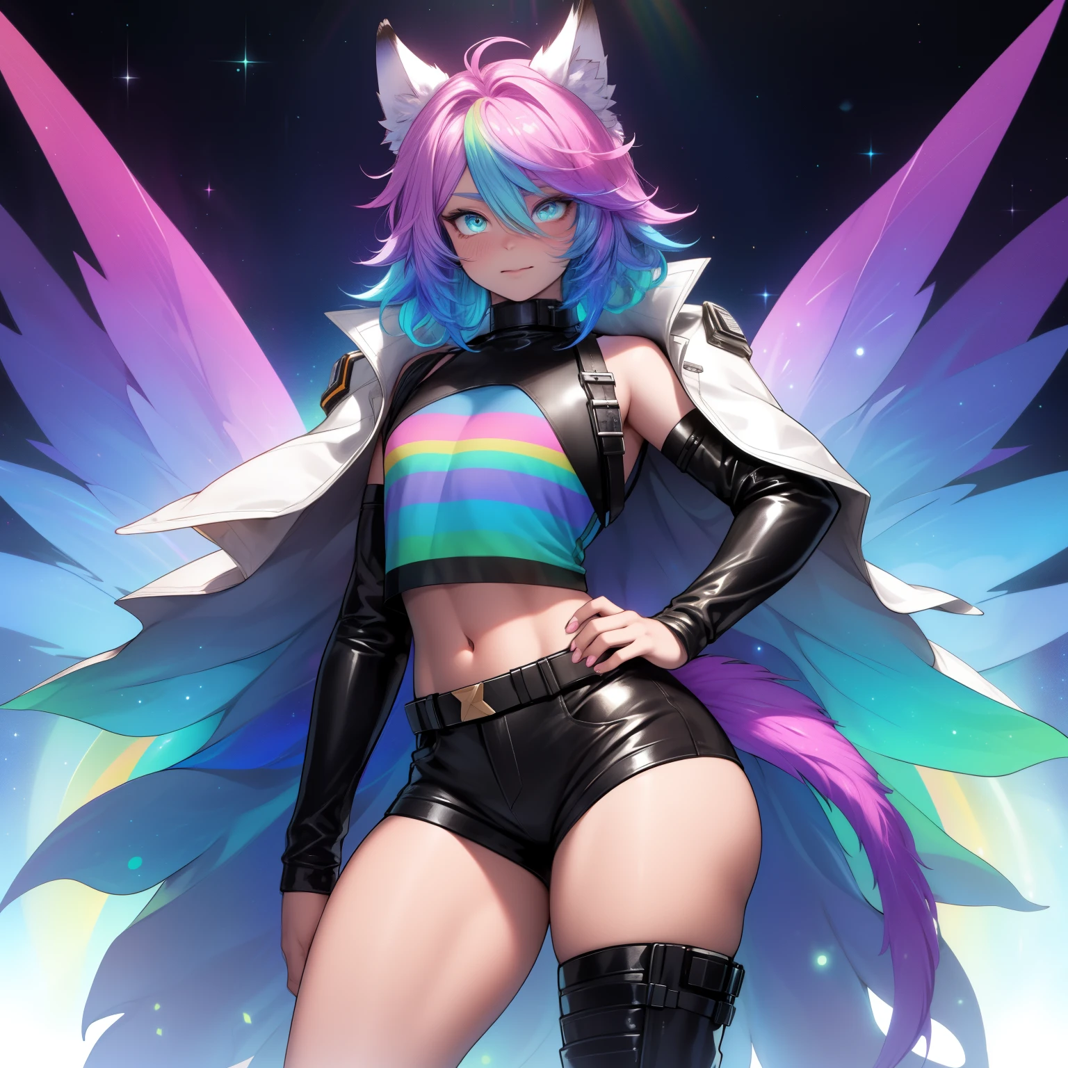 a short, skinny, galactic space young boy wearing a leather rainbow trench coat with a peacock inspired design, glowing blue eyes, wearing cropped t-shirt, flat chested, flat chest (SUPER FLAT CHEST) has wolf ears and a wolf tail, wide hips, pink lips, thick thighs, has long wavy rainbow gradient colored sparkly hair, twink, happy, blushing, flustered, showing thighs, wearing thigh high boots, wearing short shorts, curvy, solo, alone, (SOLO)(ALONE), has long wavy rainbow gradient colored sparkly hair