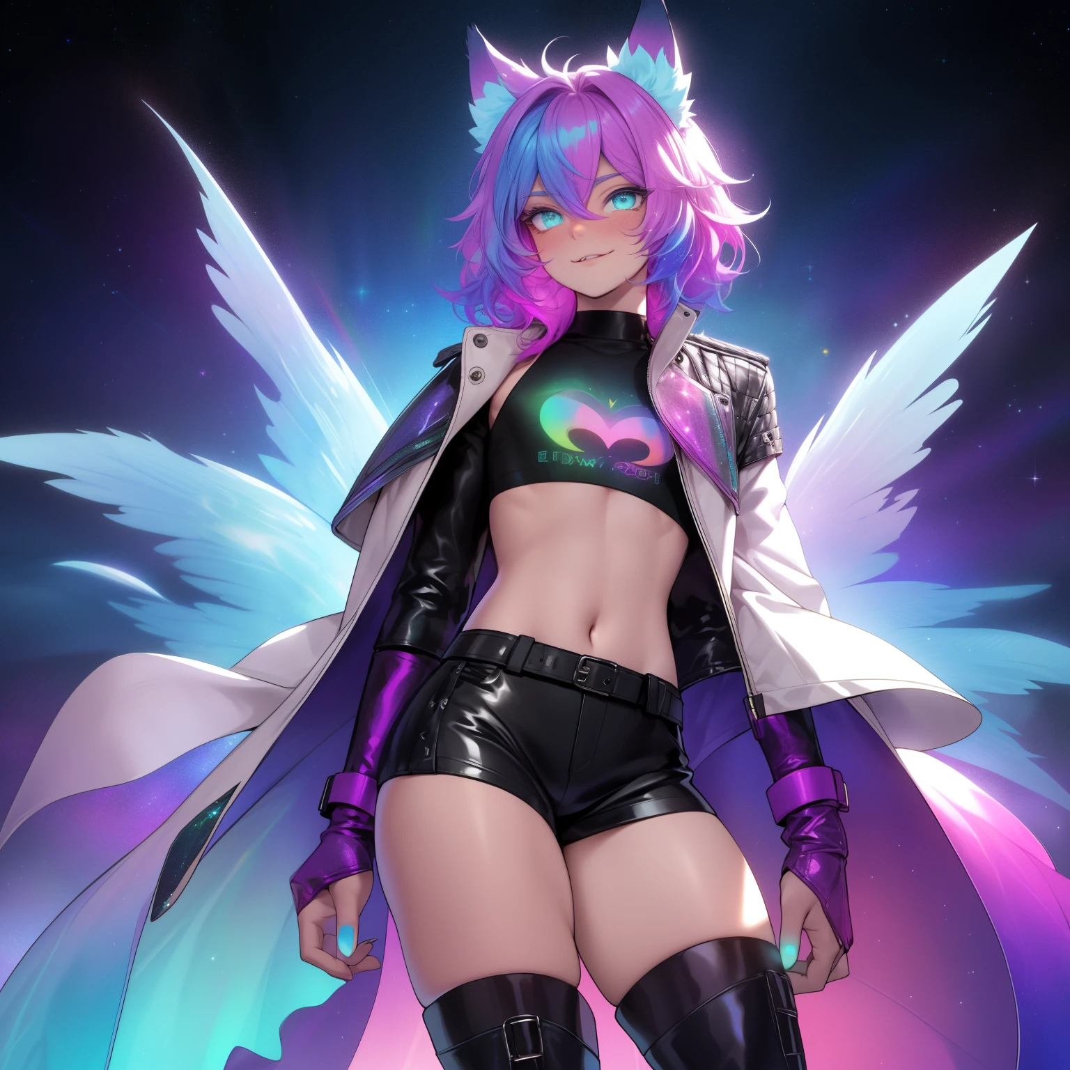 a short, skinny, galactic space young boy wearing a leather rainbow trench coat with a peacock inspired design, glowing blue eyes, wearing cropped t-shirt, flat chested, flat chest (SUPER FLAT CHEST) has wolf ears and a wolf tail, wide hips, pink lips, thick thighs, has long wavy rainbow gradient colored sparkly hair, twink, happy, blushing, flustered, showing thighs, wearing thigh high boots, wearing short shorts, curvy, solo, alone, (SOLO)(ALONE), has long wavy rainbow gradient colored sparkly hair