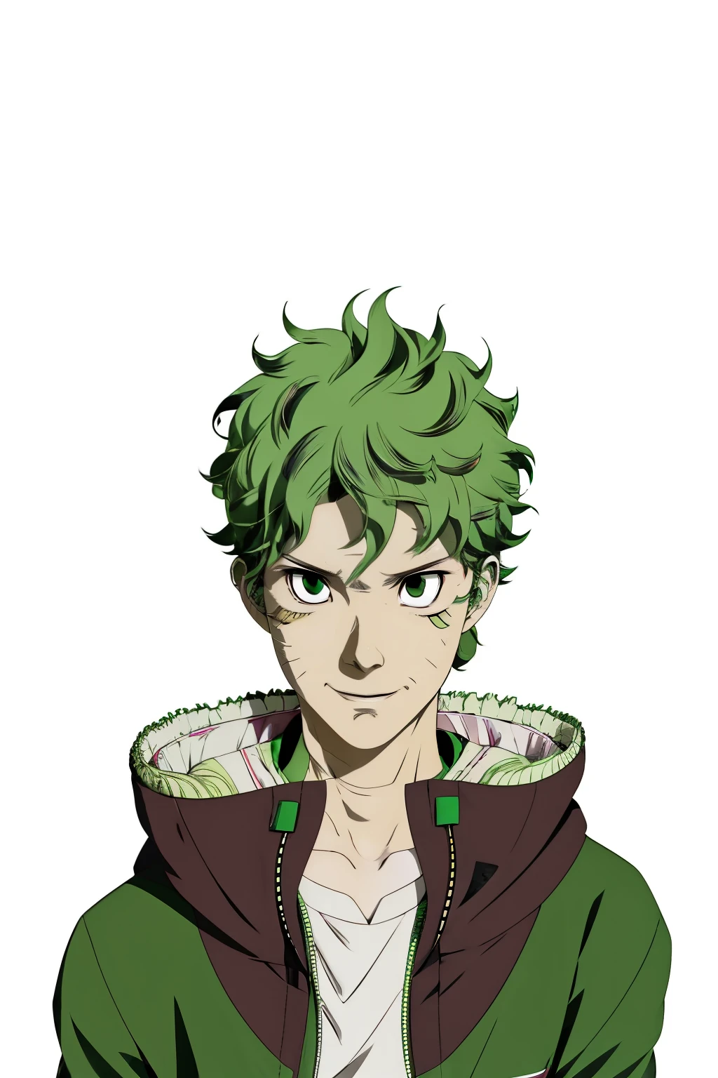 anime boy with green hair and a green jacket, boku no hero academia style, tatsumaki, tatsumaki with green curly hair, inspired by Sakai Hōitsu, [[[[grinning evily]]]], its name is greeny, as an anime character, anime style character, trigger anime artstyle, in an anime style