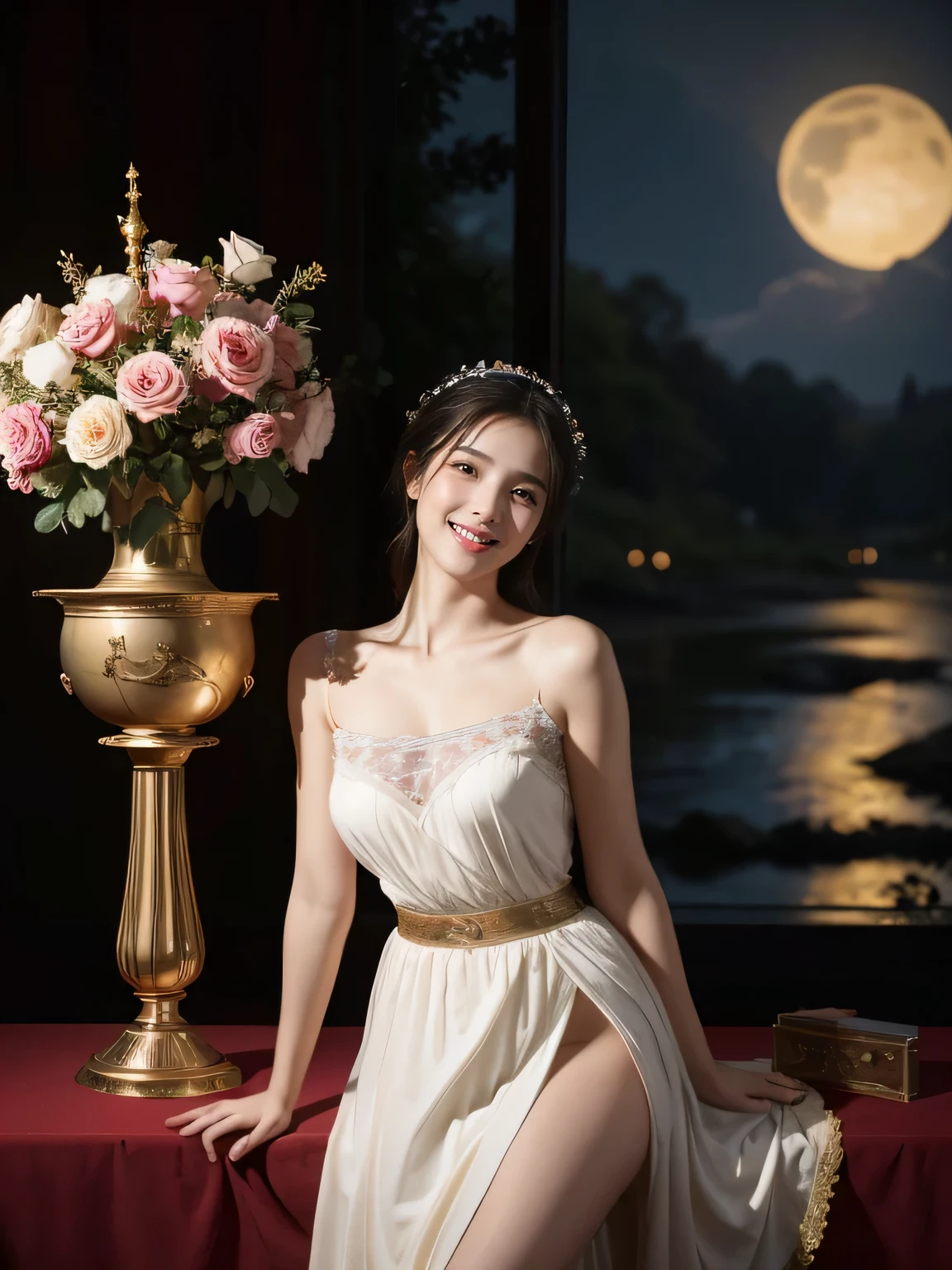 Jacques-Louis David painting style,Arguments of two female Philosophe,math、astronomical machine、astronaut、roses in vase、fruits、Cute trinkets、smile、ancient greek costume、Background is a forest lake at night 、Clothes that stretch your shoulders、A big smile、beautiful bare skin、A detailed representation of the seducing woman throughout her body.