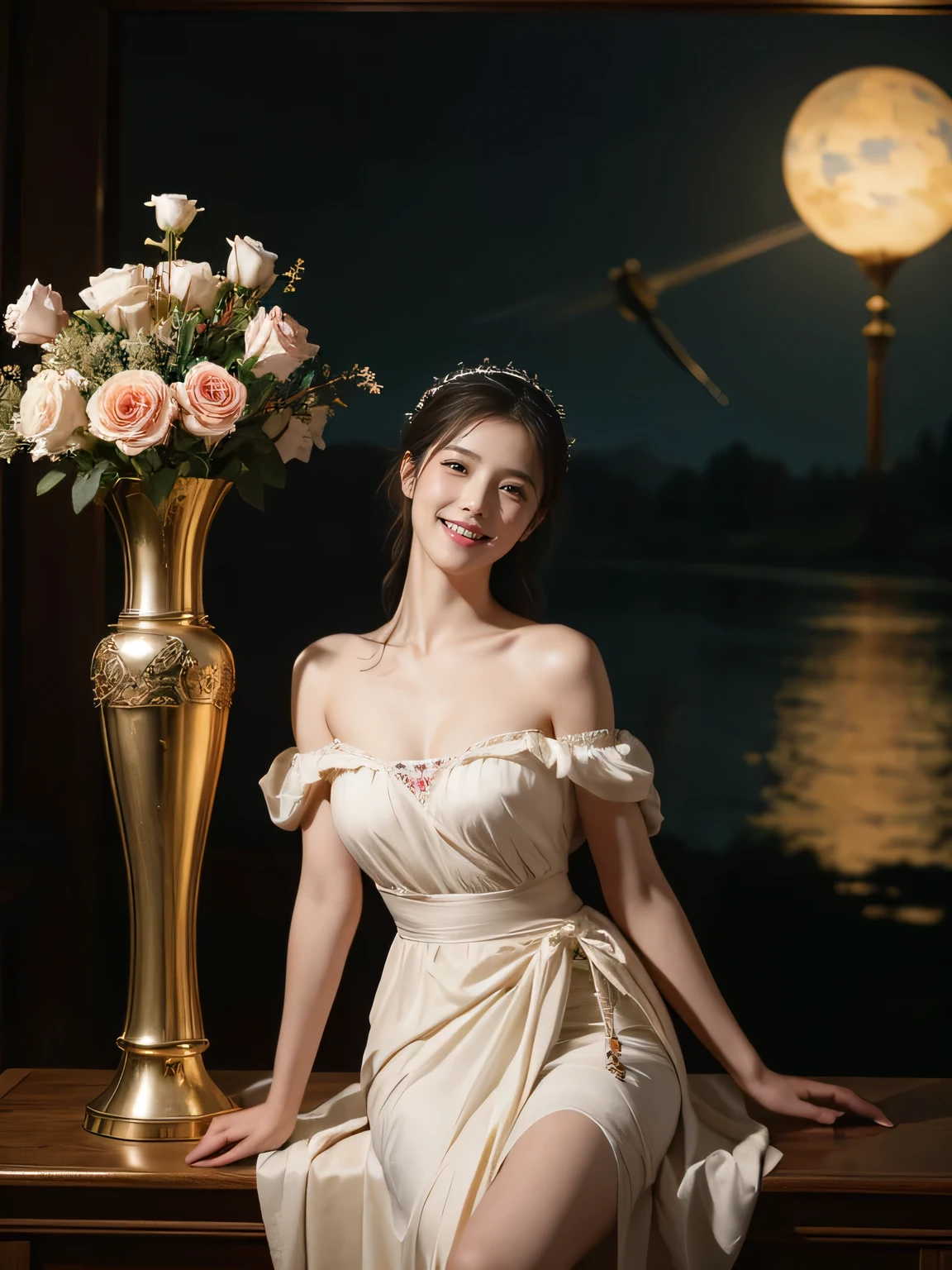 Jacques-Louis David painting style,Arguments of two female Philosophe,math、astronomical machine、astronaut、roses in vase、fruits、Cute trinkets、smile、ancient greek costume、Background is a forest lake at night 、Clothes that stretch your shoulders、A big smile、beautiful bare skin、A detailed representation of the seducing woman throughout her body.