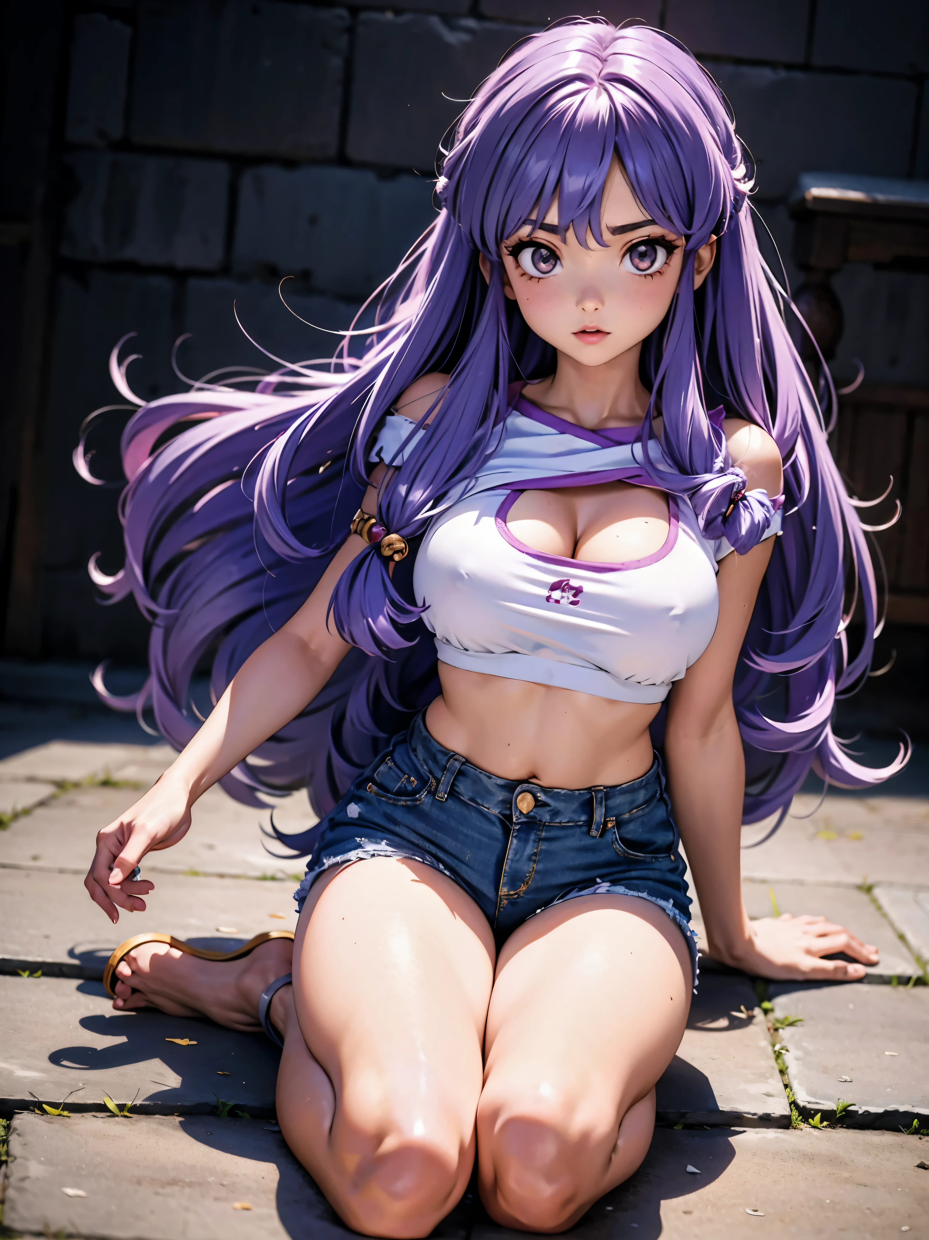 Anime cabelo purple com short jeans e blusa rosa brilhante, 18 anos, corpo bonito, seios grandes, com as hands on chest, hands on chest, Garota sexy, purple cabelo, mechas de cabelo laterais, mechas de cabelo na lateral do rosto, beautiful lighting, sombras suaves, olhos azuis, pernas bonitas, cabelo longo purple, estilo anime, personagem Shampoo Chan, Autora Rumiko Takahashi, Baseado em obra de Rumiko Takahashi, Anime Ranma 1/ 2, decote sexy, quadril robusto, corpo inteiro, corpo inteiro, busto grande, garota jovem com corpo belo e bonito, sandals on his feet, garota 18 anos jovem, usando short jeans e blusa rosa brilhante, garota anime, estilo anime, beautiful feet in sandals, 45° viewing angle, ao ar livre, peito grande, seios bonitos, cabelo purple, sandals on the feet, pernas bonitas