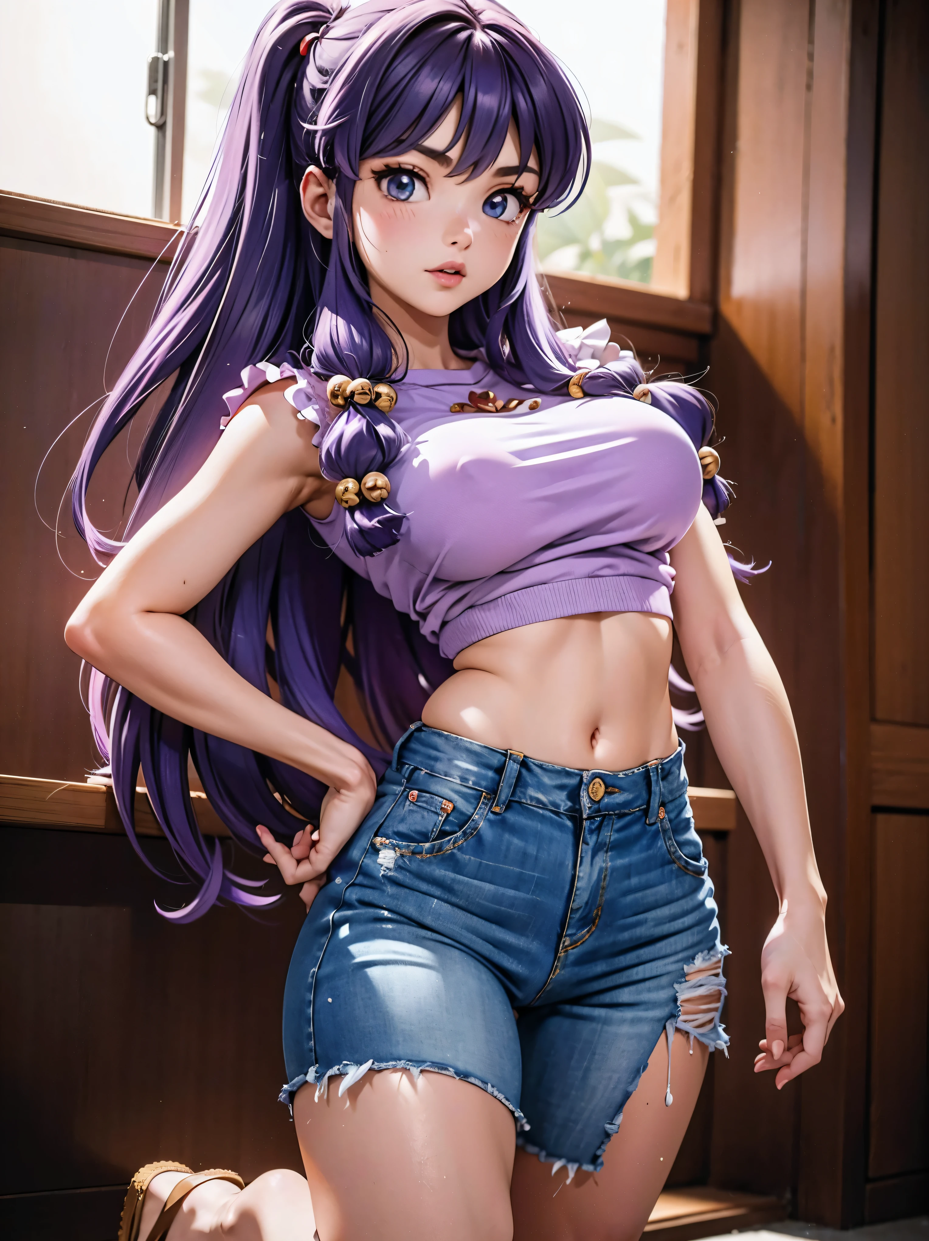 Anime cabelo purple com short jeans e blusa rosa brilhante, 18 anos, corpo bonito, seios grandes, com as hands on chest, hands on chest, Garota sexy, purple cabelo, mechas de cabelo laterais, mechas de cabelo na lateral do rosto, beautiful lighting, sombras suaves, olhos azuis, pernas bonitas, cabelo longo purple, estilo anime, personagem Shampoo Chan, Autora Rumiko Takahashi, Baseado em obra de Rumiko Takahashi, Anime Ranma 1/ 2, decote sexy, quadril robusto, corpo inteiro, corpo inteiro, busto grande, garota jovem com corpo belo e bonito, sandals on his feet, garota 18 anos jovem, usando short jeans e blusa rosa brilhante, garota anime, estilo anime, beautiful feet in sandals, 45° viewing angle, ao ar livre, peito grande, seios bonitos, cabelo purple, sandals on the feet, pernas bonitas