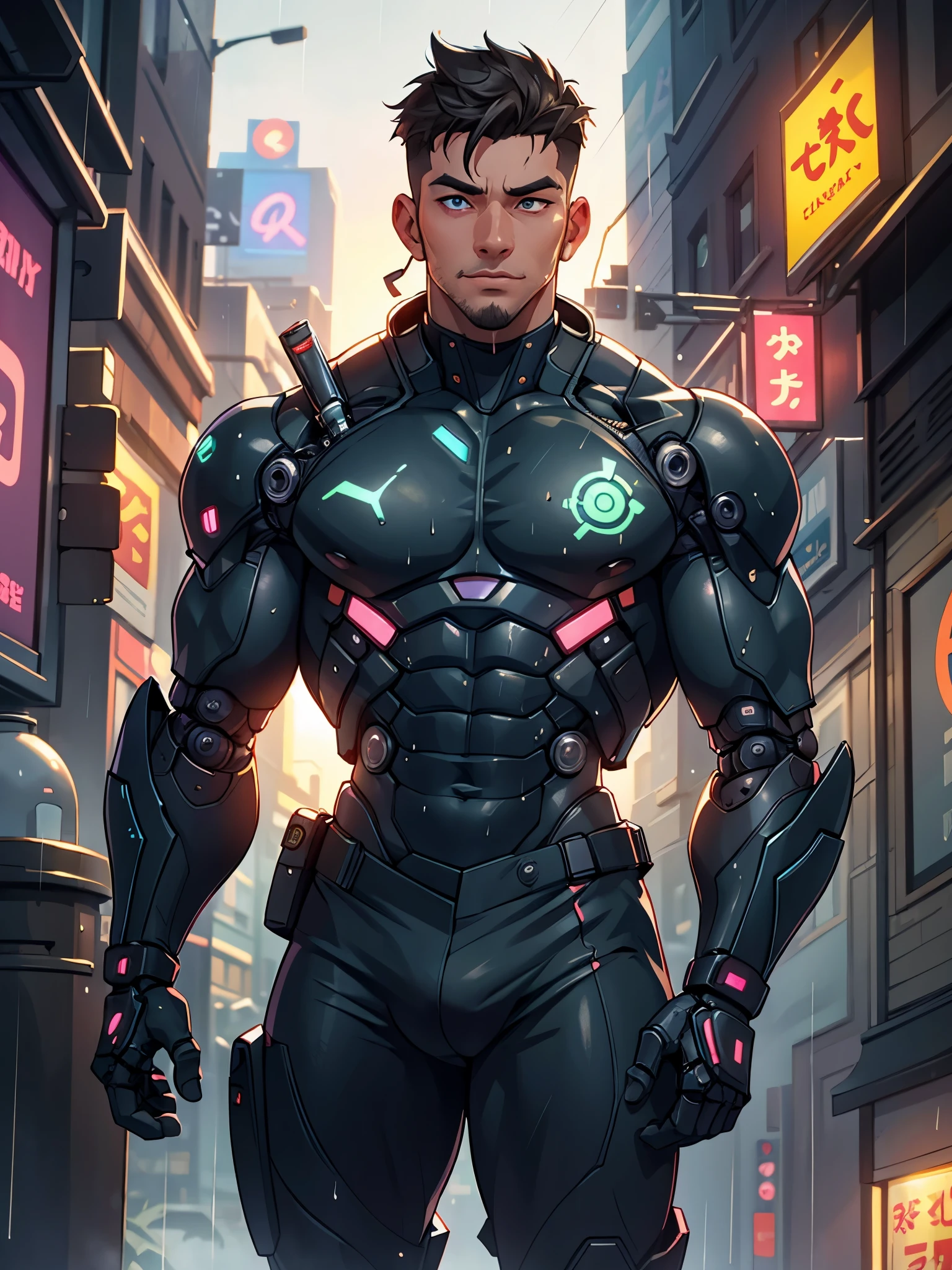 a handsome korean man, (smirk:0.7), looking at viewer, futuristic, cybernetics, cyberpunk, (cyborg), (robot arms:1.2), (raining), button up shirt, alley, Shibuya, colorful neon lights, (fog:1.2), night photography, (medium close-up), lens flare, backlighting, depth of field, bokeh, natural lighting, hard focus, vibrant details, extremely delicate and beautiful, wet, best quality, masterpiece, extremely detailed, intricate details, detailed background, male focus, (muscular), (large pectorals), (puffy nipples)