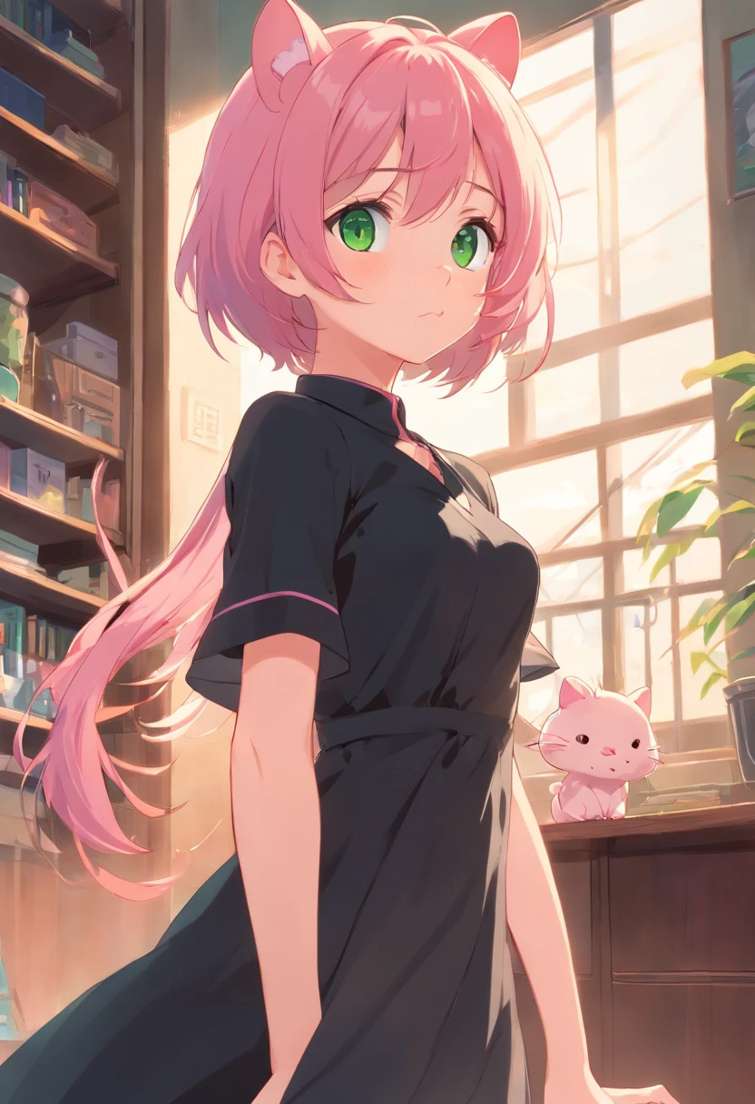 best quality,ultra-detailed,green eyes,pink hair,black dress,toy mouse hanging from mouth,solo,neko