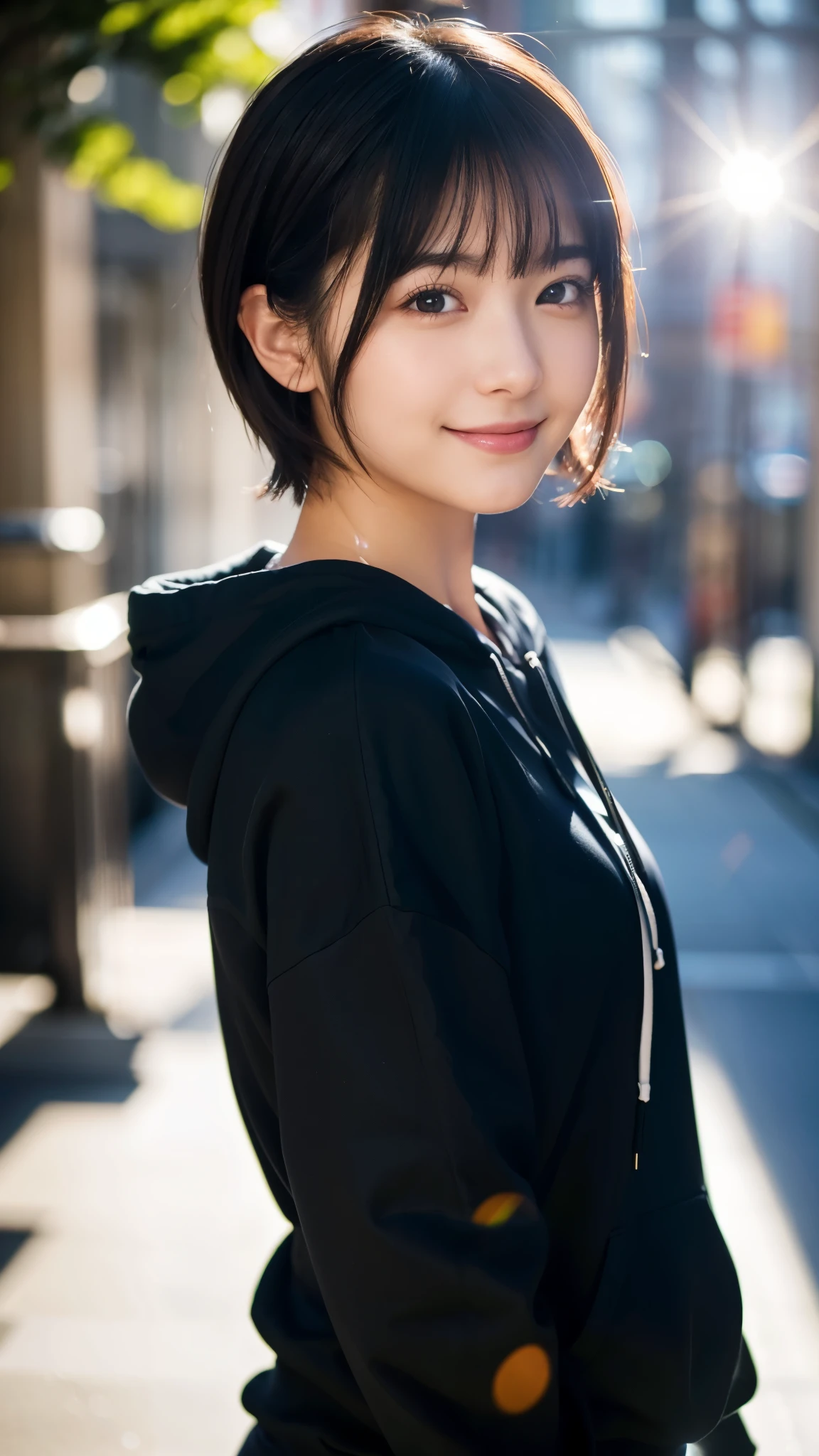 (highest quality,masterpiece:1.3,ultra high resolution),(Super detailed,caustics,8k),(photorealistic:1.4,RAW shooting),1 girl,(looking to the left and smiling),side shot,20-year-old,cute,Japanese,black hair short cut,hoodie,inner shirt,big ,bust up shot,street,face focus,Natural light,Lens flare,professional writing