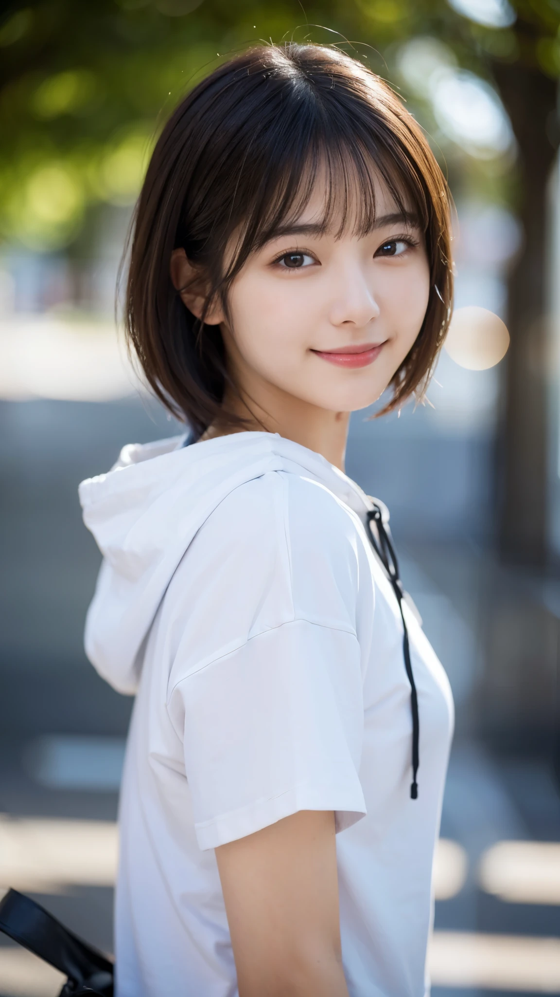 (highest quality,masterpiece:1.3,ultra high resolution),(Super detailed,caustics,8k),(photorealistic:1.4,RAW shooting),1 girl,(look at the camera with a smile),side shot,20-year-old,cute,Japanese,black hair short cut,hoodie,inner shirt,big ,bust up shot,street,face focus,Natural light,Lens flare,professional writing