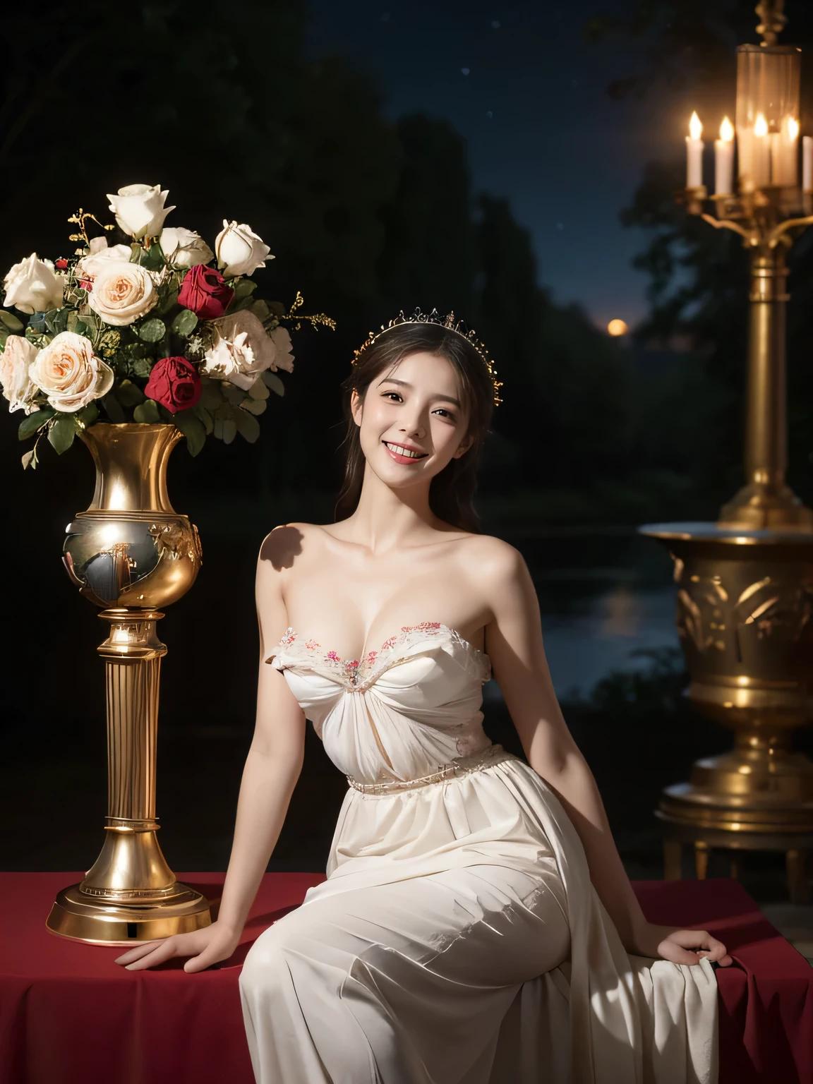 Jacques-Louis David painting style,Arguments of two female Philosophe,math、astronomical machine、astronaut、roses in vase、fruits、Cute trinkets、smile、ancient greek costume、Background is a forest lake at night 、Clothes that stretch your shoulders、A big smile、beautiful bare skin、A detailed representation of the seducing woman throughout her body.