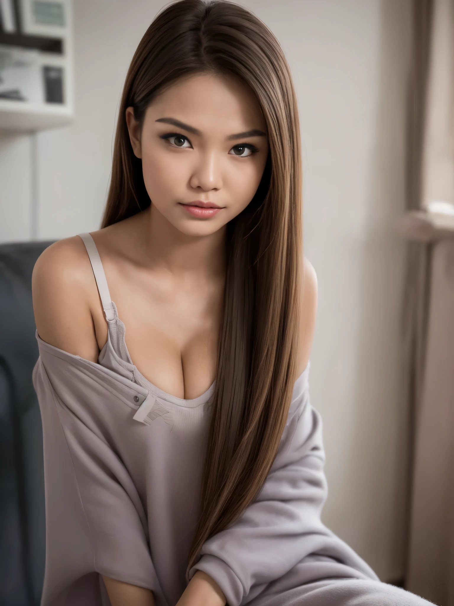 A very angry facial reaction "Naked Bra" ((Hairstyle is shaved head, skinhead)), (Malaysia female), age 25 years old, 8K, photottorialism, ((Flat Chest)), ((PANTY)) Street Village, Straddling
