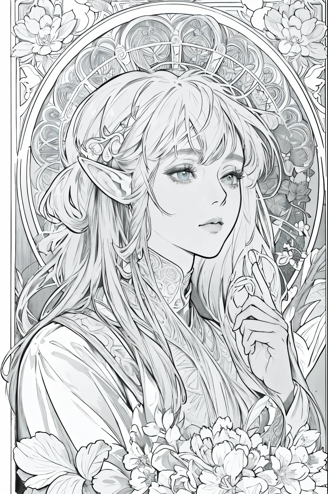 tarot cards, 1 elf girl,Portrait of the face of a European elf,shapeless long hair, shiny skin, detailed face, wearing a patterned robe, Sumeru,cloud, moon,((tarot cardsのレイアウト)),highest quality, masterpiece, (realistic:0.6), realistic lighting,flower frame, decorative panel, abstract artistic, (Alphonse Mucha) (master piece, best quality, 8k, very detailed, intricate details, 4k,Cerulean, line drawing, fibonacci.