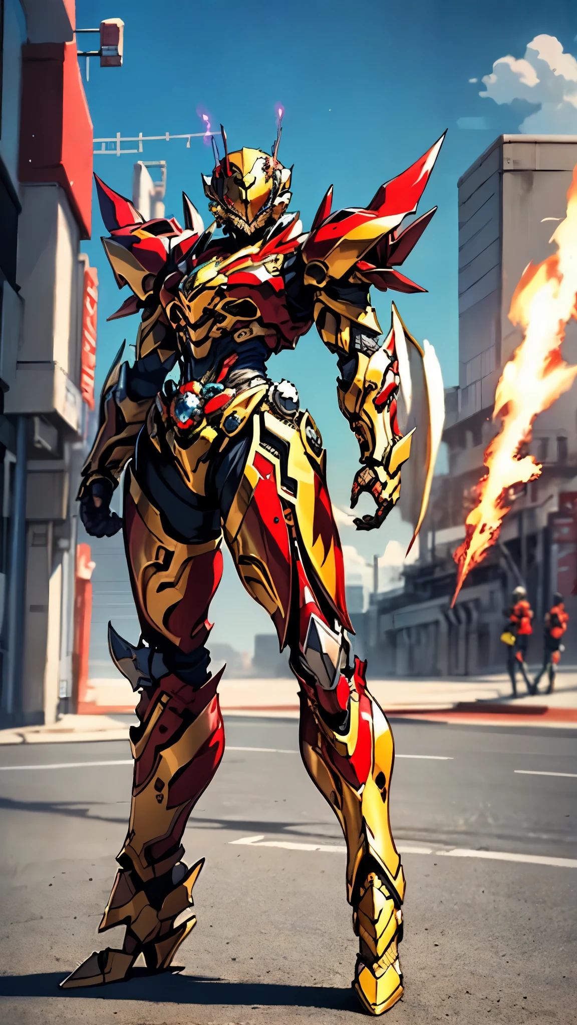 A woman adorned in fantasy-style full-body armor, a crown-concept fully enclosed helmet that unveils only her eyes, a composite layered chest plate, fully encompassing shoulder and hand guards, a lightweight waist armor, form-fitting shin guards, the overall design is heavy-duty yet flexible, ((the armor gleams with a golden glow, complemented by red and blue accents)), exhibiting a noble aura, she floats above a fantasy-surreal high-tech city, this character embodies a finely crafted fantasy-surreal style armored hero in anime style, exquisite and mature manga art style, (Queen bee mixed with Spider concept Armor, plasma, blood), ((Element, energy, elegant, goddess, femminine:1.5)), metallic, high definition, best quality, highres, ultra-detailed, ultra-fine painting, extremely delicate, professional, anatomically correct, symmetrical face, extremely detailed eyes and face, high quality eyes, creativity, RAW photo, UHD, 32k, Natural light, cinematic lighting, masterpiece-anatomy-perfect, masterpiece:1.5