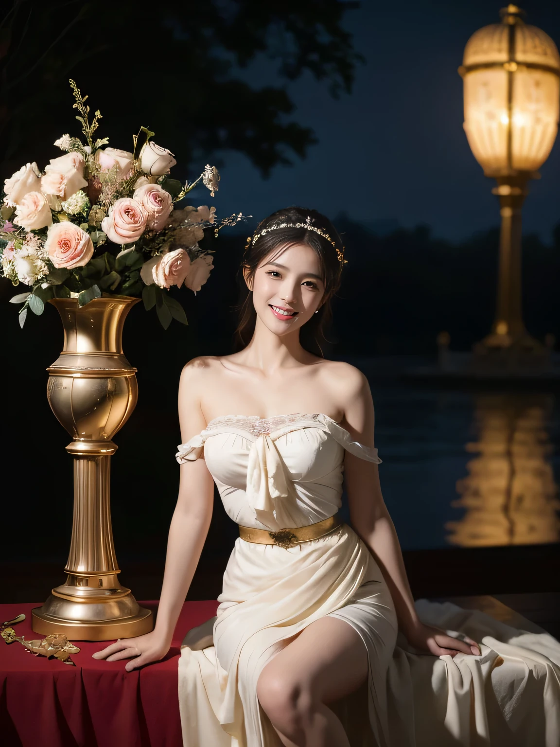 Jacques-Louis David painting style,Arguments of two female Philosophe,math、astronomical machine、astronaut、roses in vase、fruits、Cute trinkets、smile、ancient greek costume、Background is a forest lake at night 、Clothes that stretch your shoulders、A big smile、beautiful bare skin、A detailed representation of the seducing woman throughout her body.